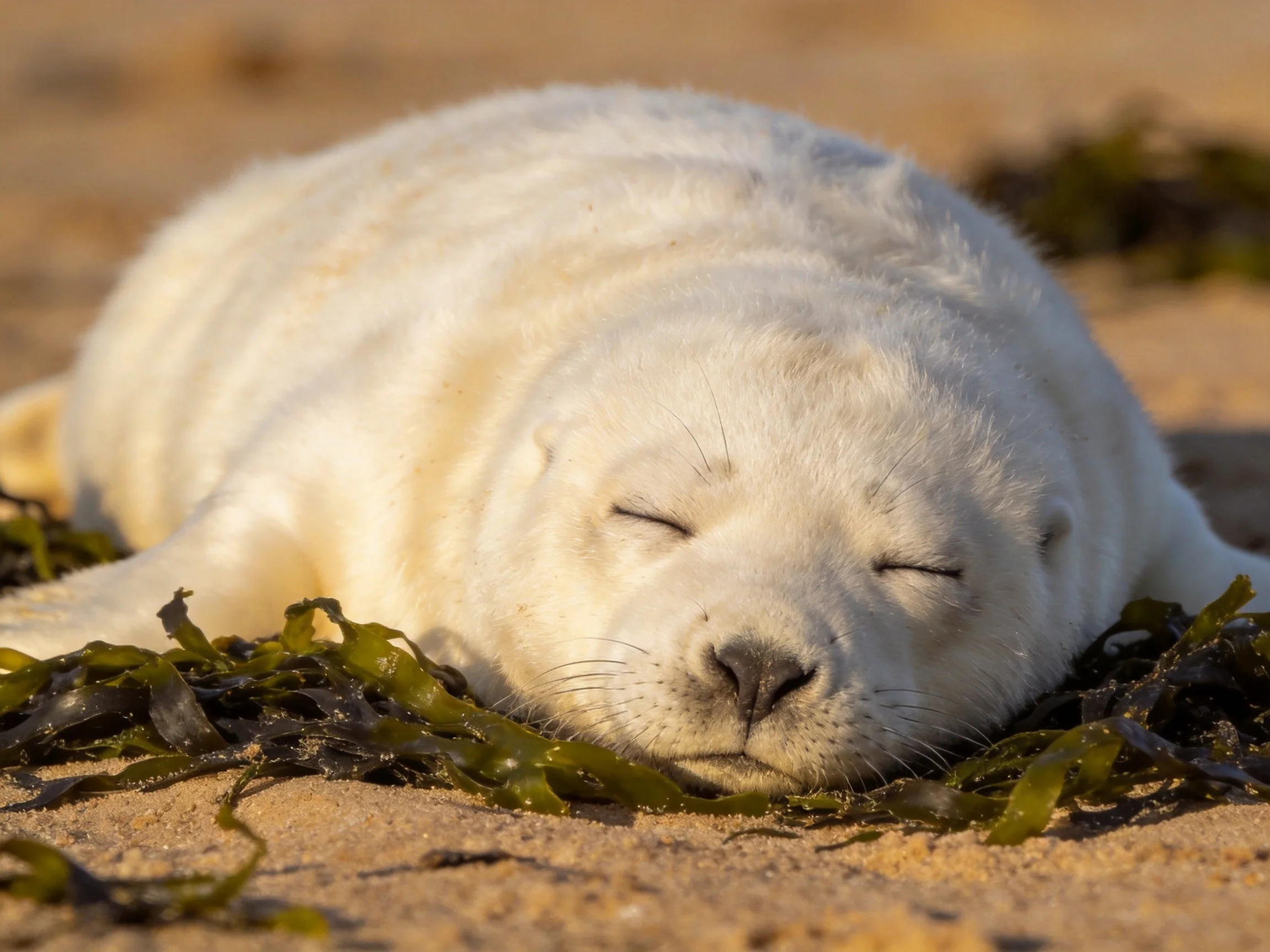 A white seal pup rests on sandy shore amid green seaweed