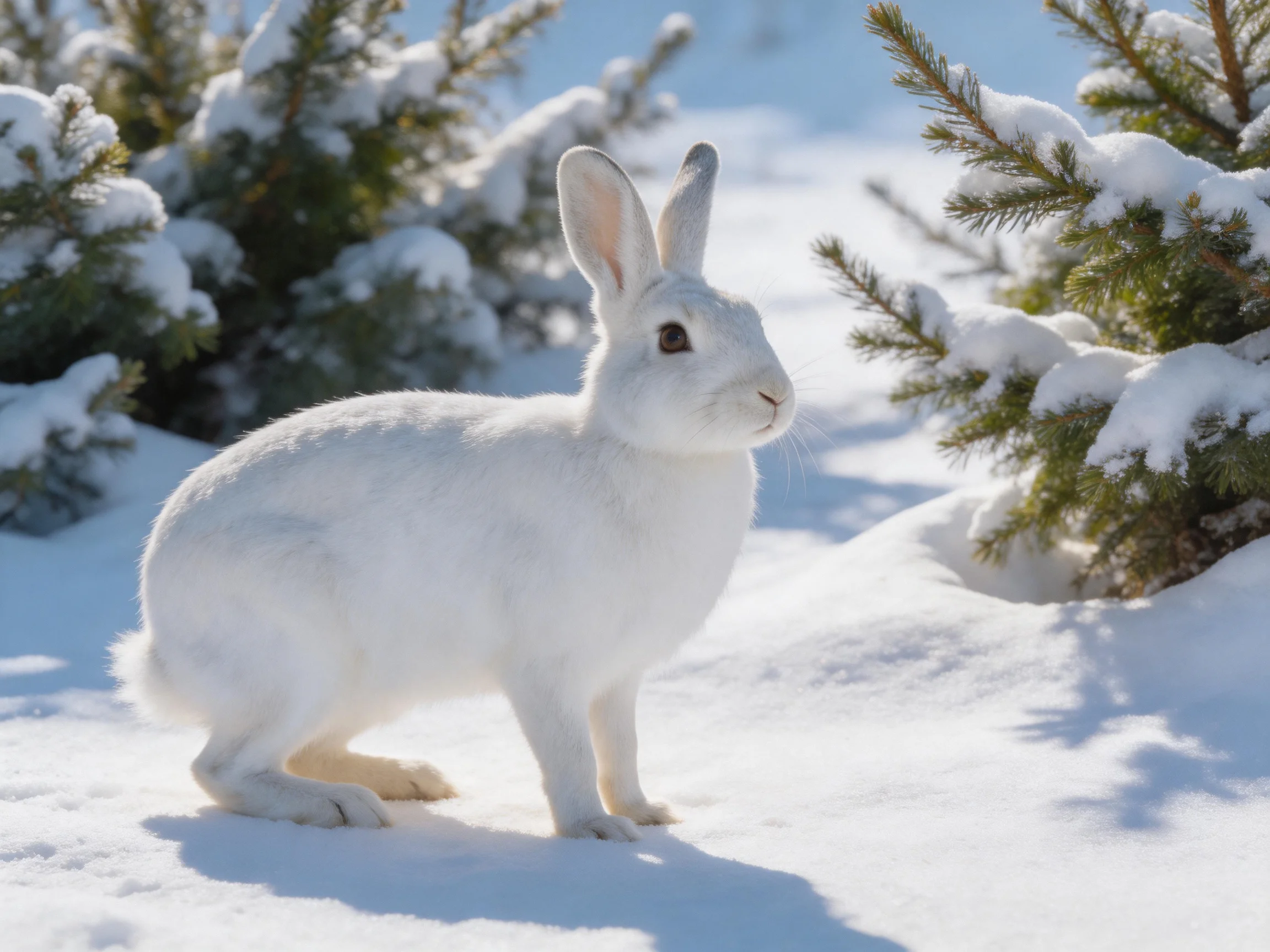 A white snowshoe hare is in a snowy area near snow-covered evergreen trees.