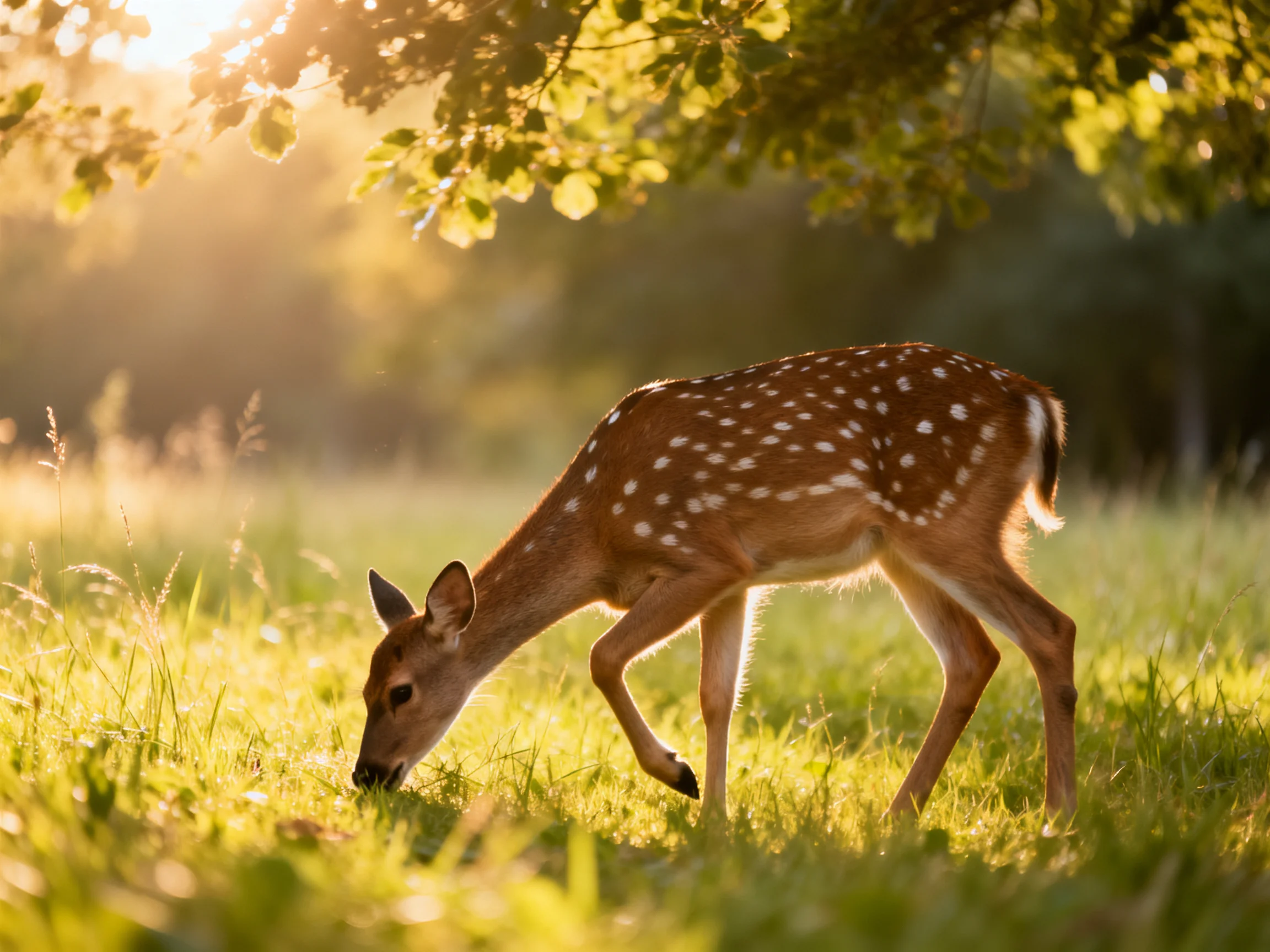 A young deer with white spots feeds in a sunlit meadow.