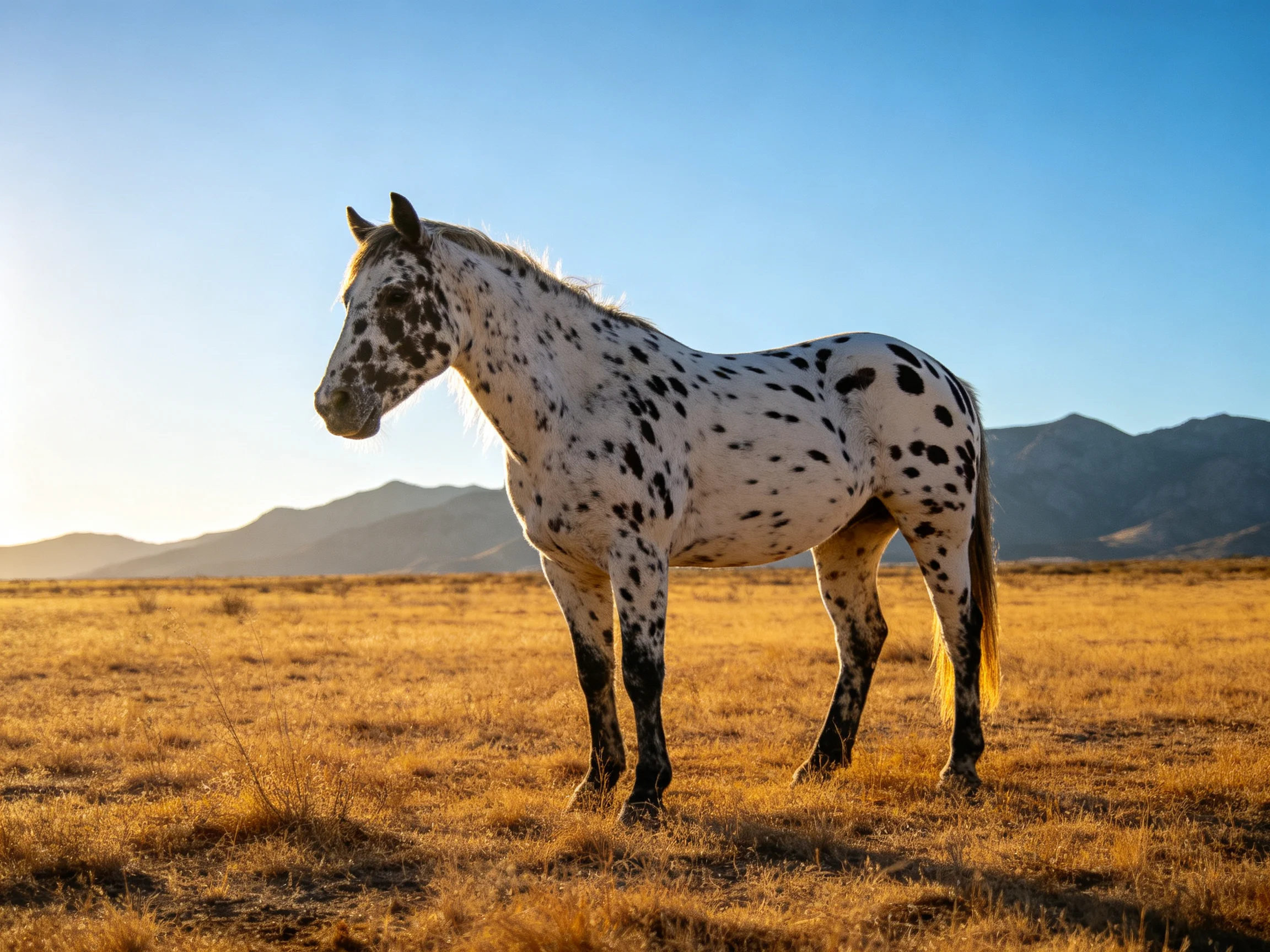 A white-spotted horse in a golden field near mountains