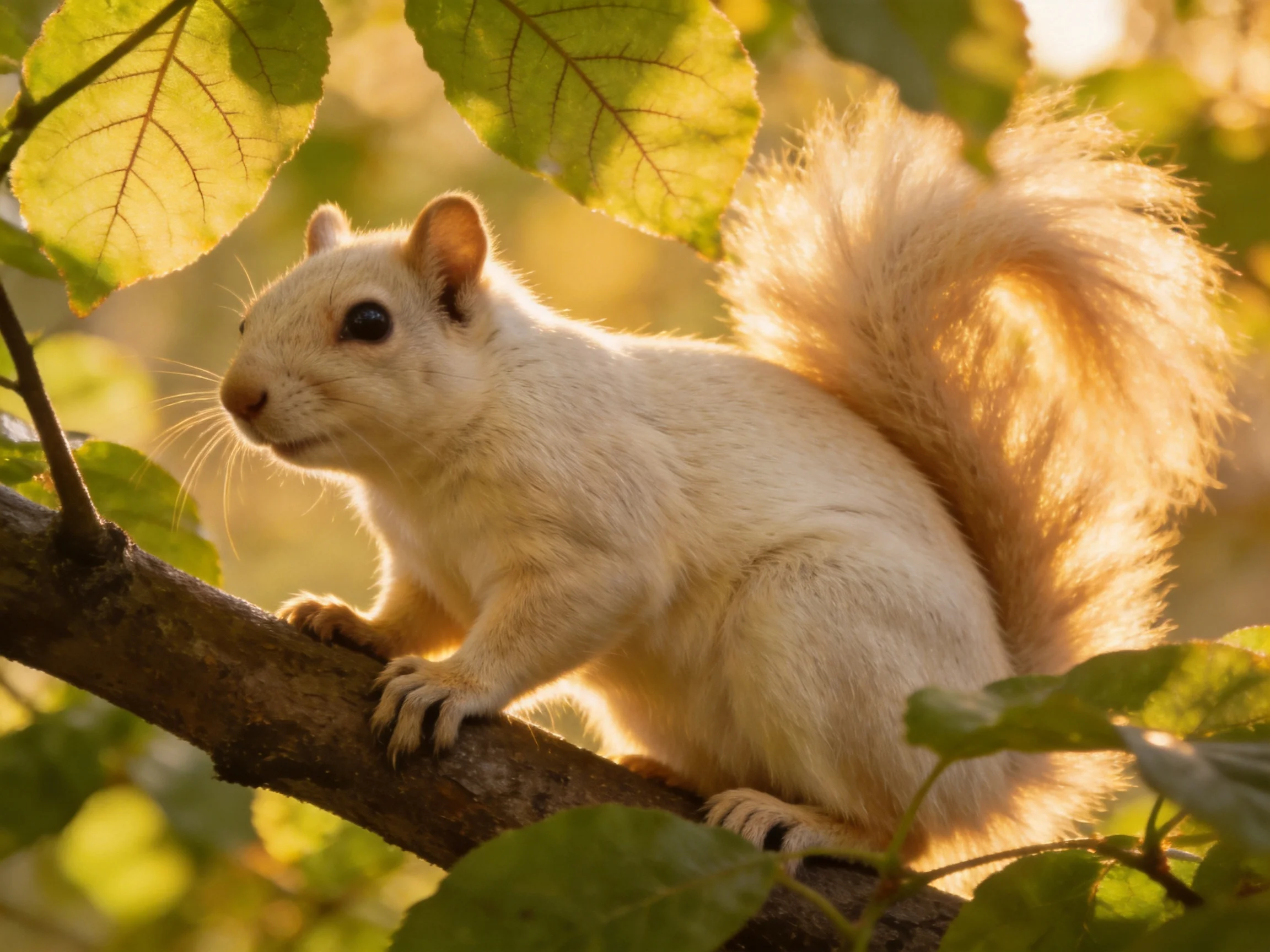 A white squirrel perched on a tree branch amid green foliage