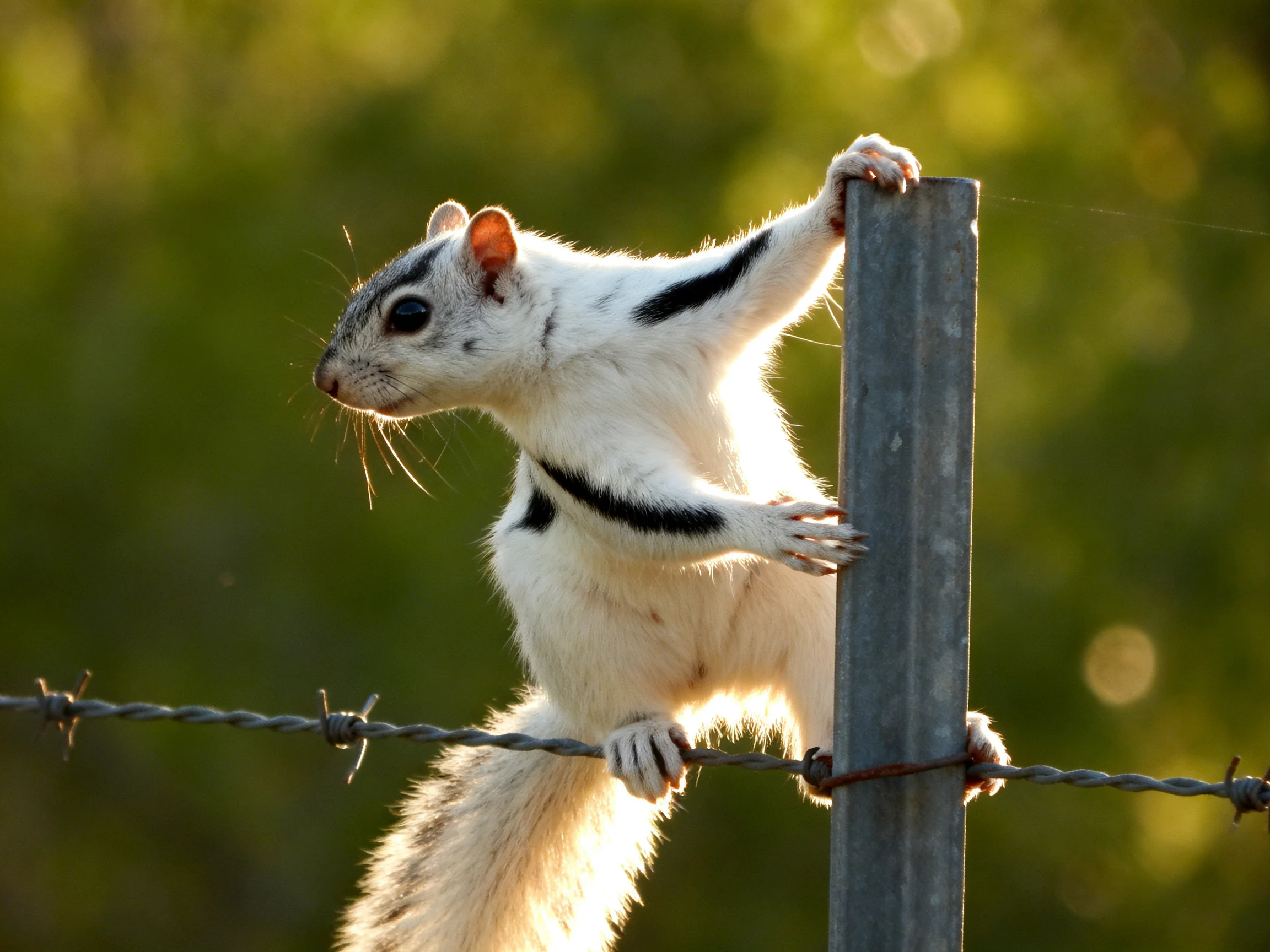 A white squirrel with black markings climbs a metal fence near barbed wire