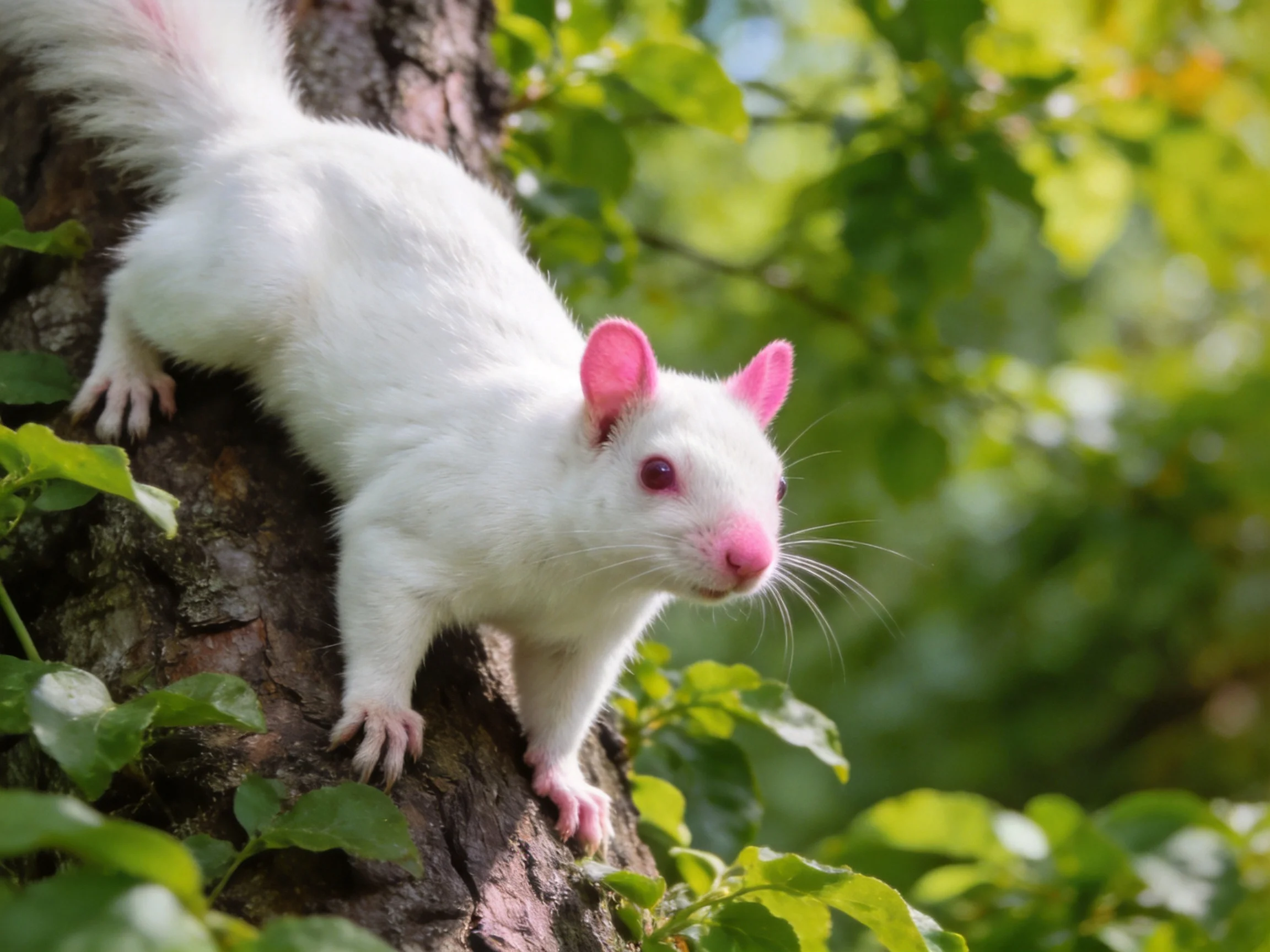 A white squirrel with pink ears and nose climbs a textured tree trunk