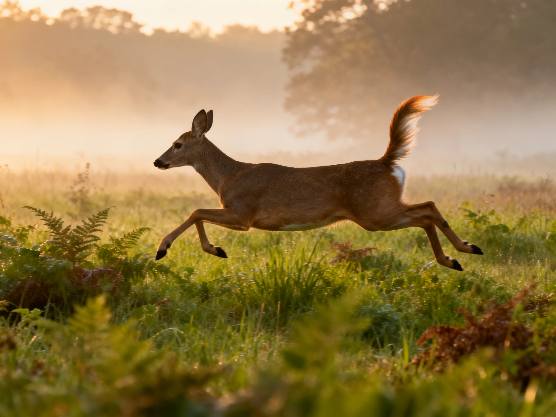 A white-tailed deer leaps in a sunlit, misty meadow
