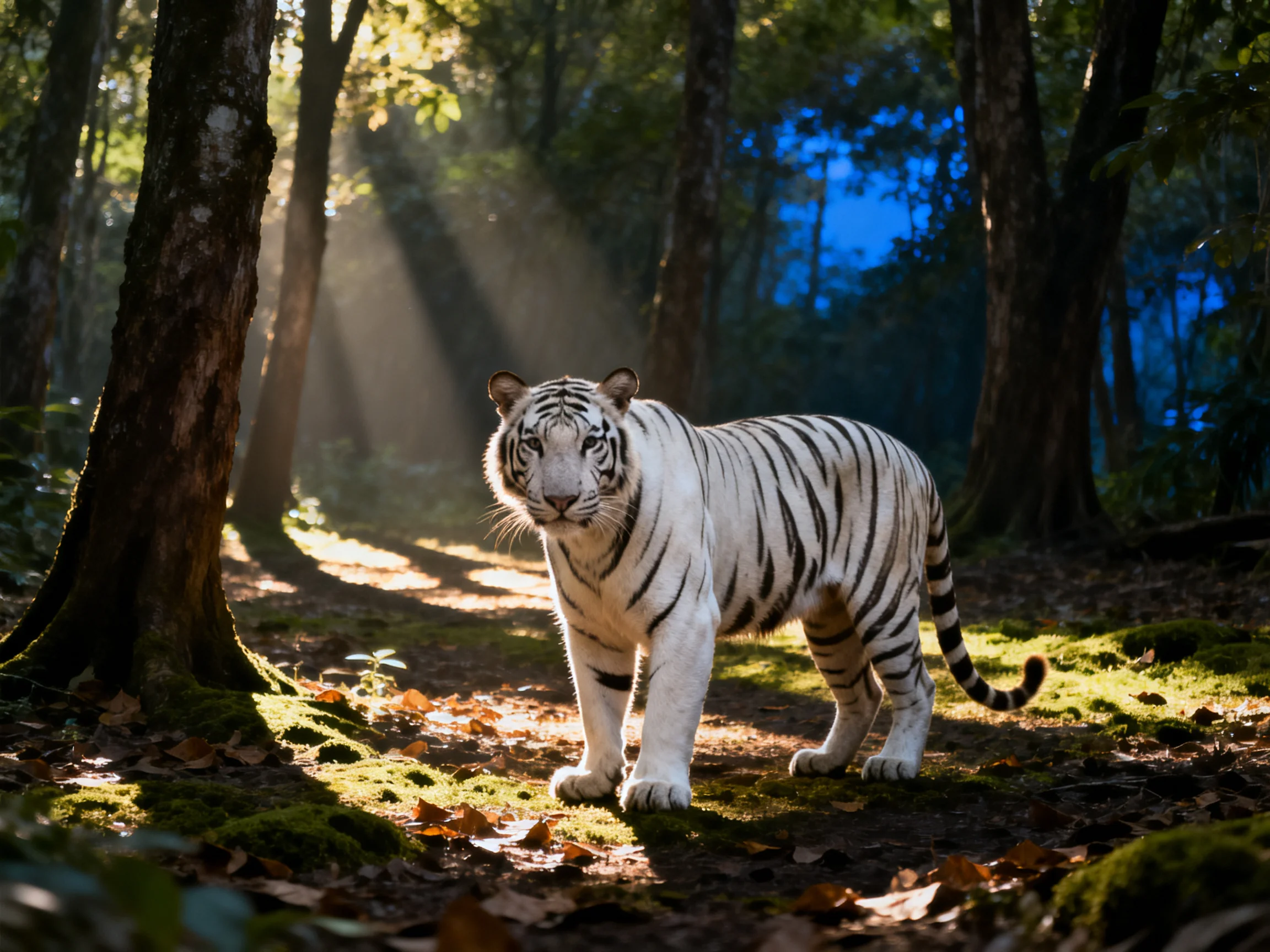 A white tiger stands in a sunlit forest environment.