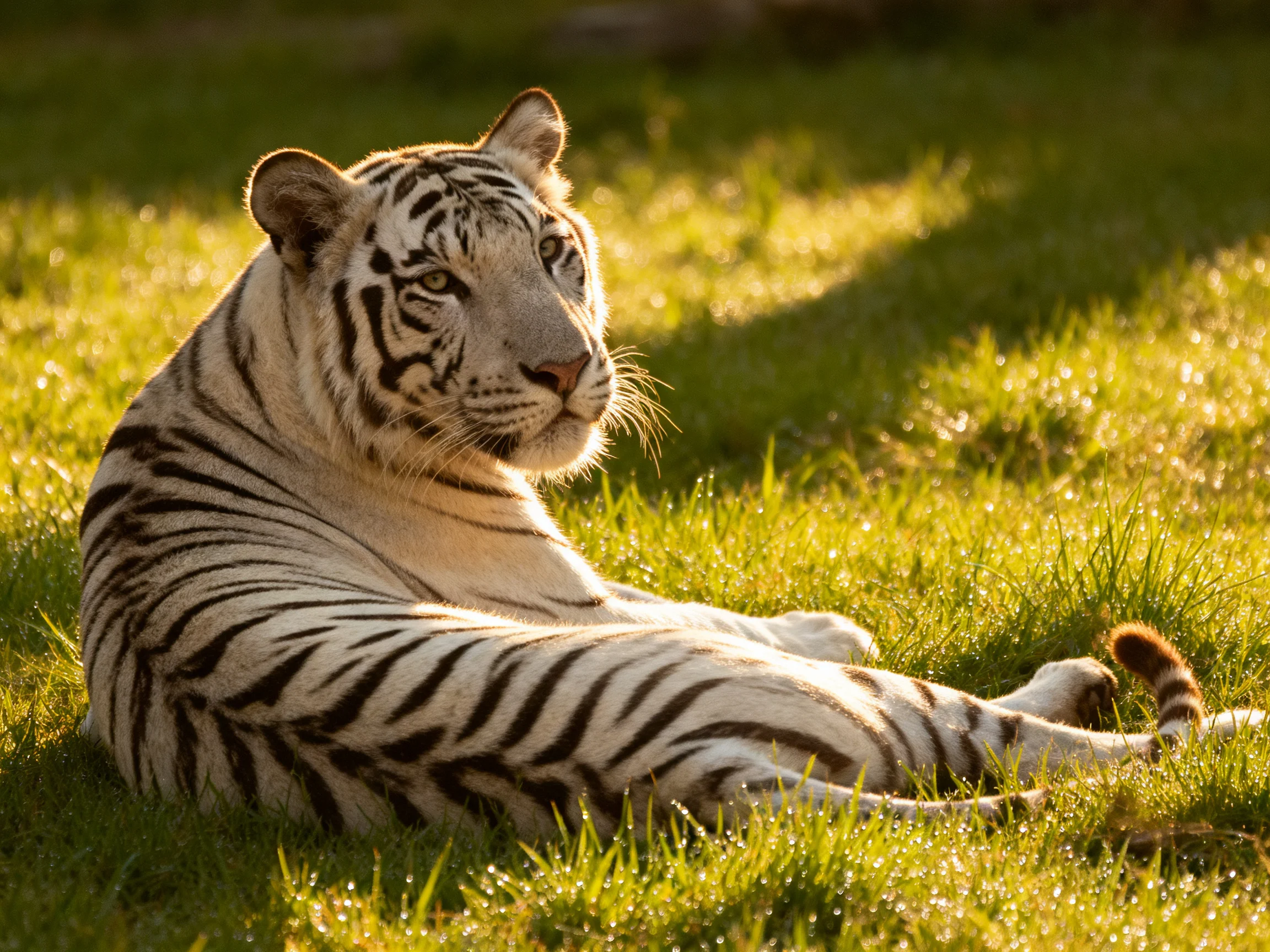 A white tiger lies calmly on green grass lit by sunlight.