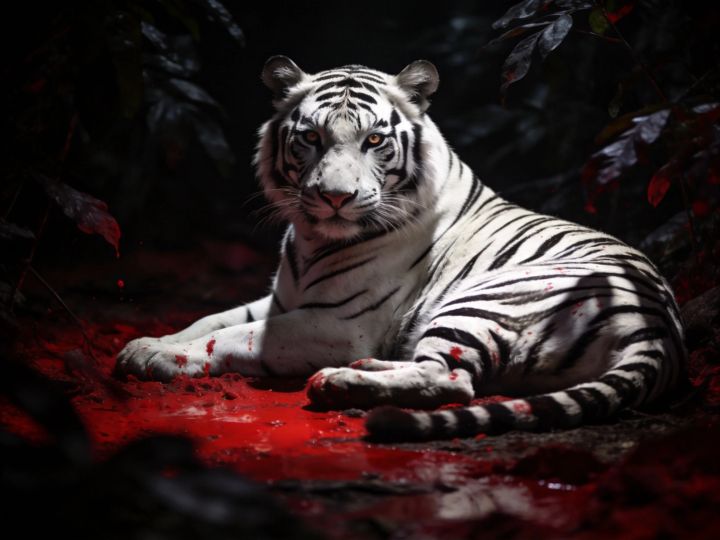 A white tiger with black stripes rests on a blood-red ground amid dark foliage