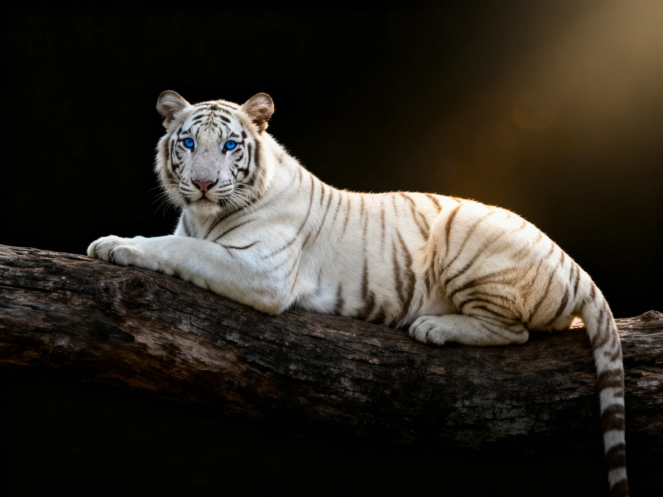A white tiger with blue eyes rests on a large dark log.
