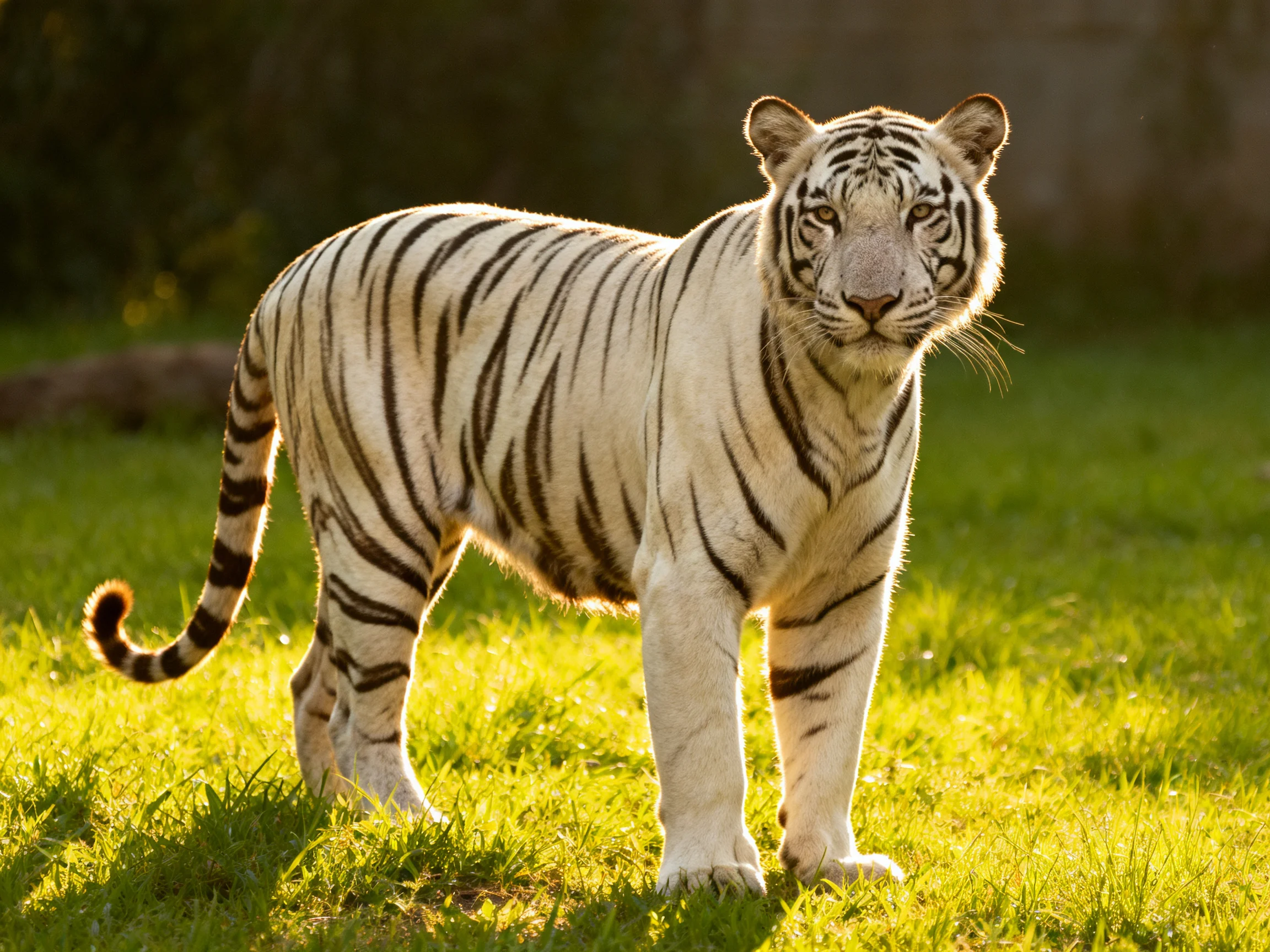 A white tiger with black stripes stands on green grass under sunlight