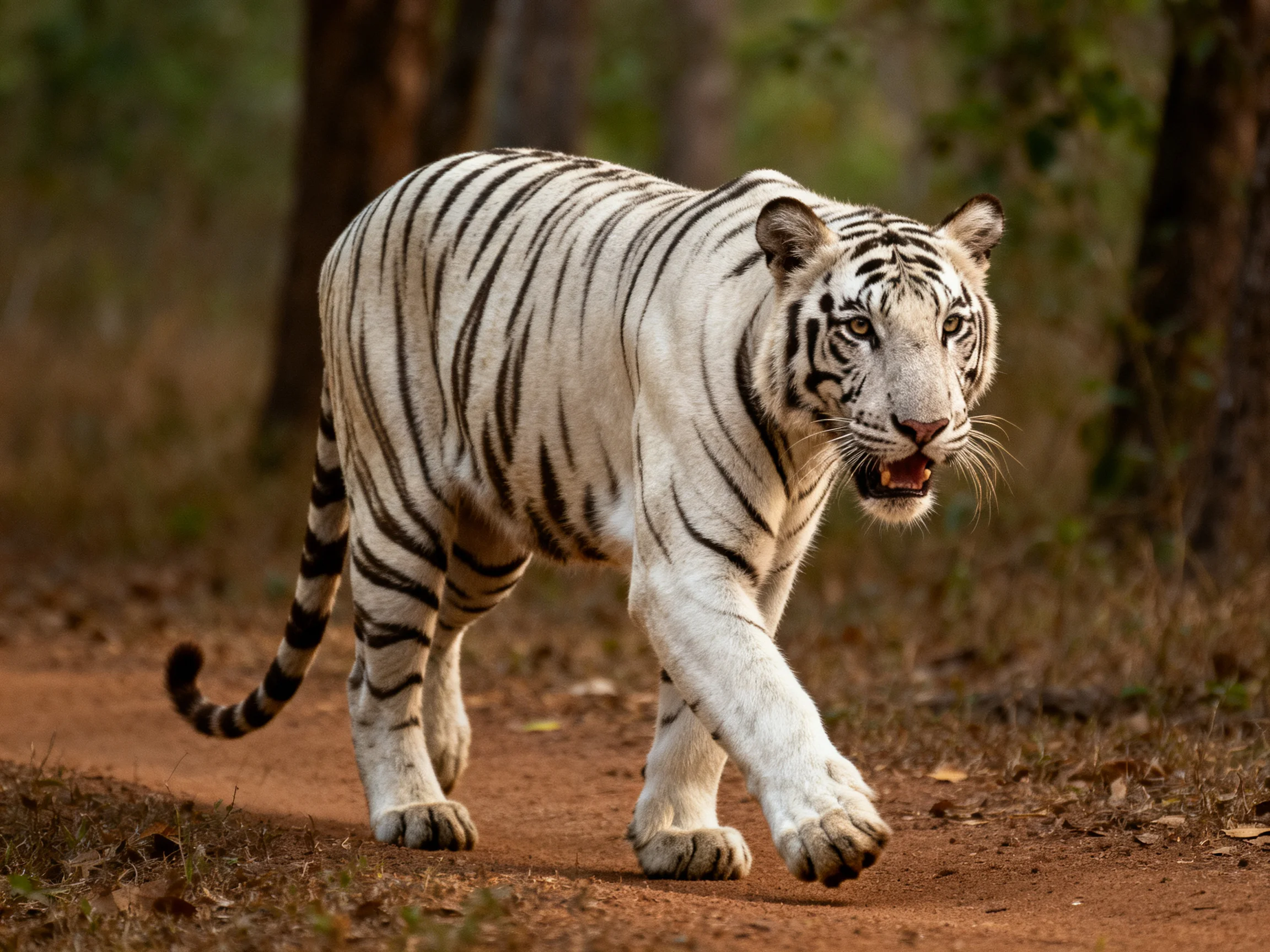A white tiger with black stripes moves on a forest dirt path.