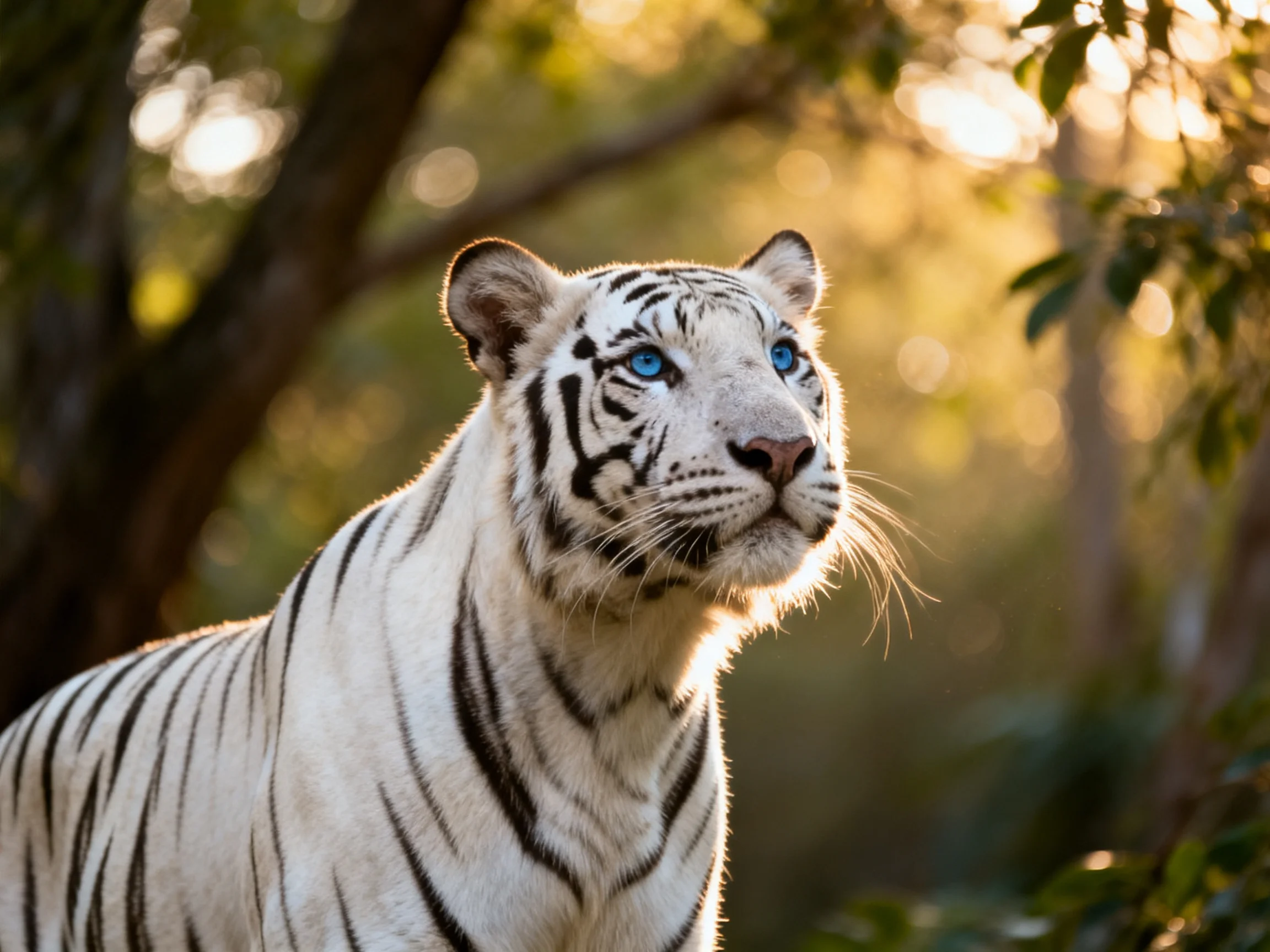 A white tiger with blue eyes stands in a sunlit forest.