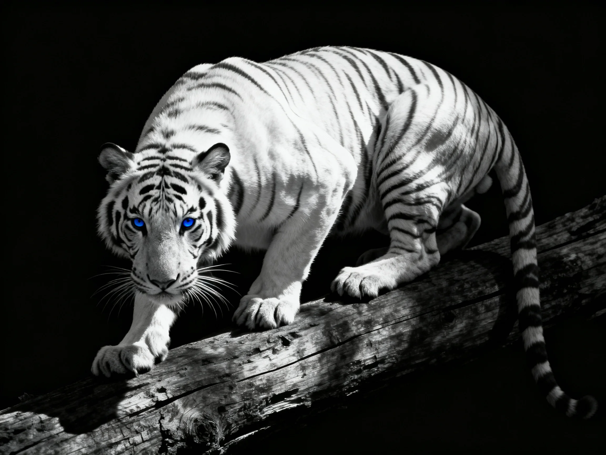 A white tiger with vivid blue eyes crouches on a log in a dark environment.