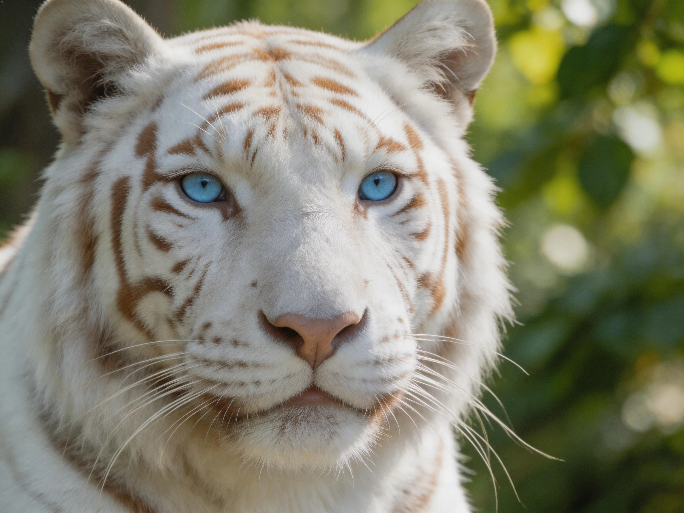 A white tiger with vivid blue eyes and distinct brown stripes