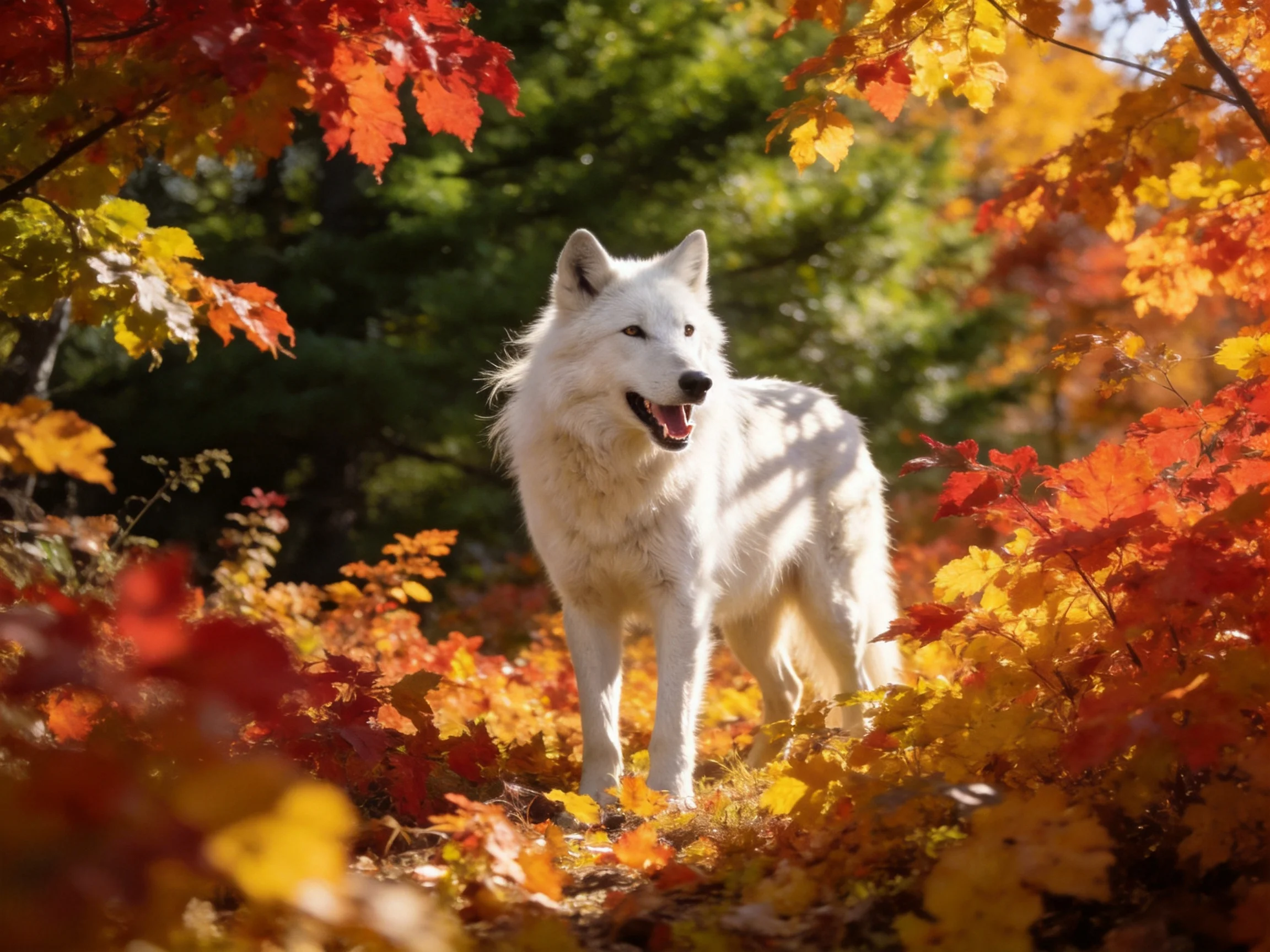 A white wolf among vibrant autumn foliage in a sunlit forest