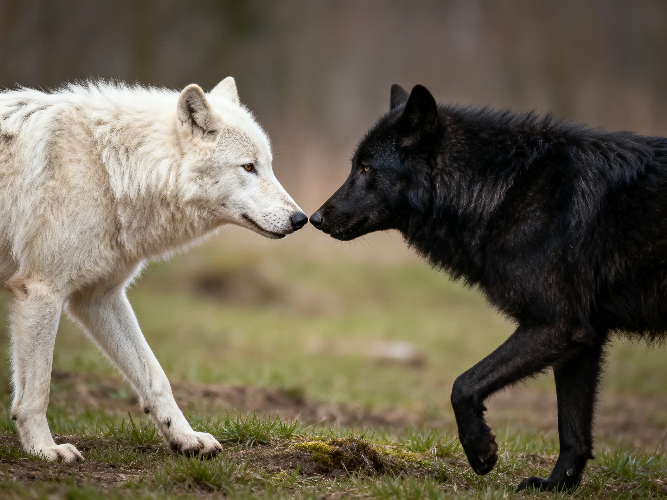 A white wolf and a black wolf nuzzle closely in a natural landscape