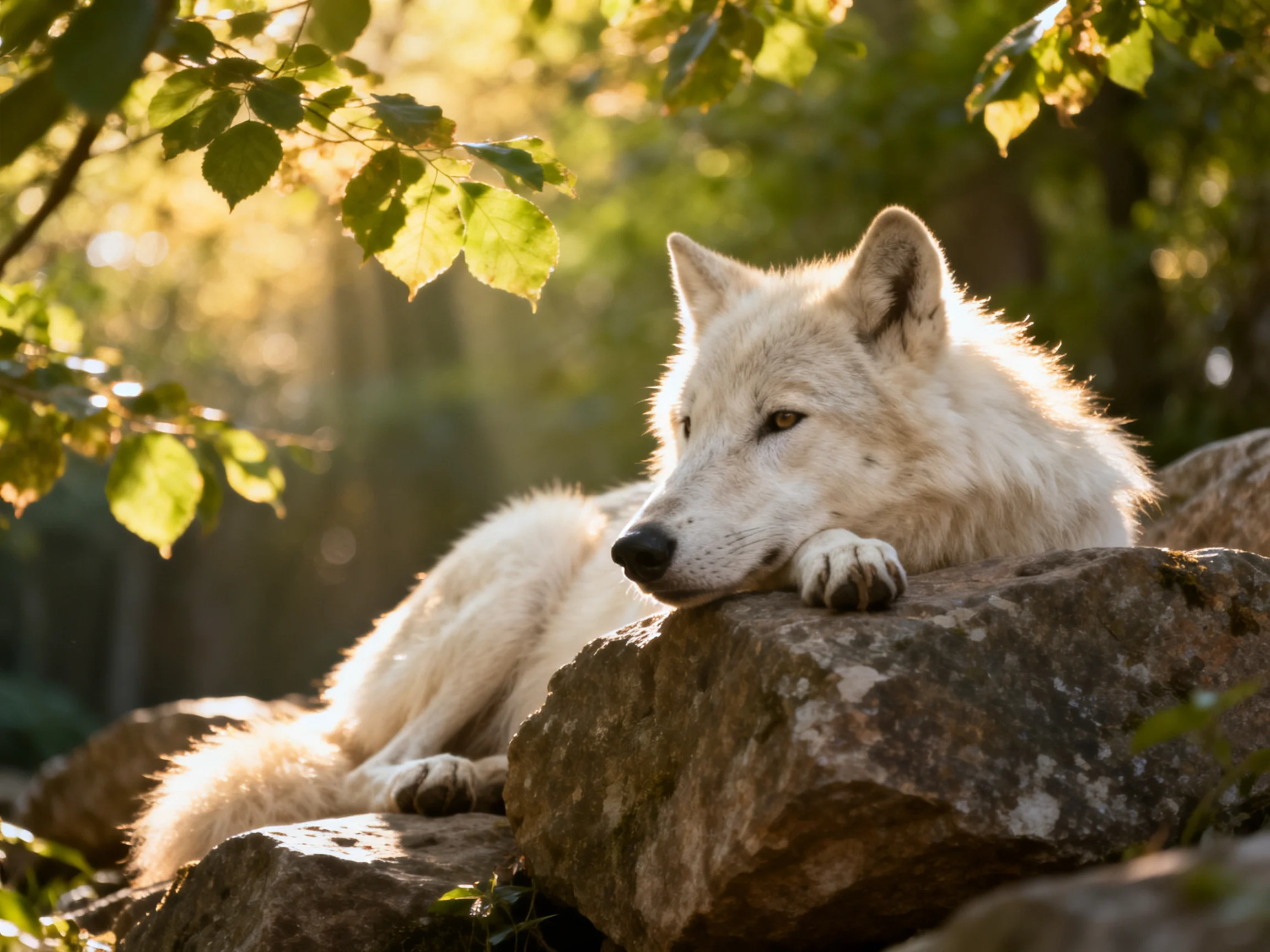 A white wolf lounges on large rocks surrounded by sun-dappled greenery