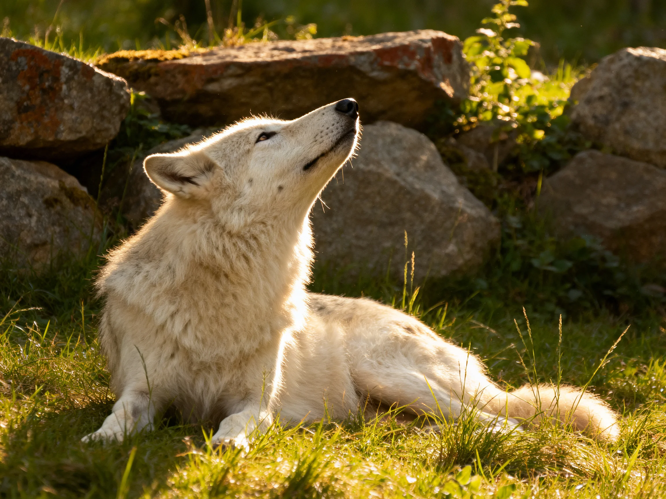 A white wolf lies on grass near rocks, bathed in sunlight.