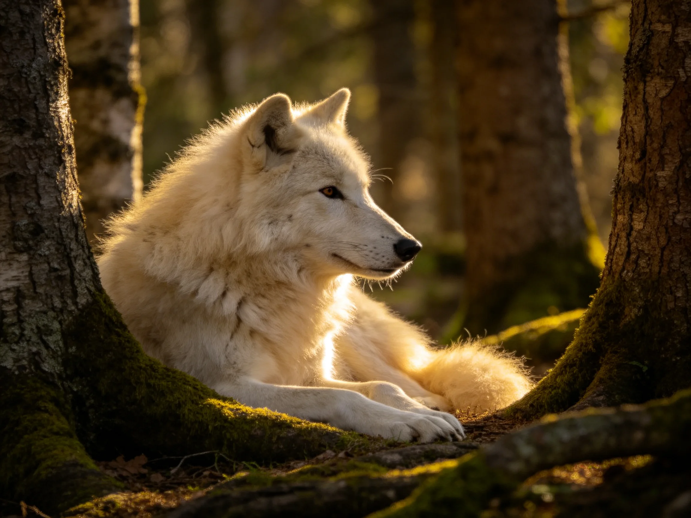 A white wolf rests amid moss-covered trees in golden forest light