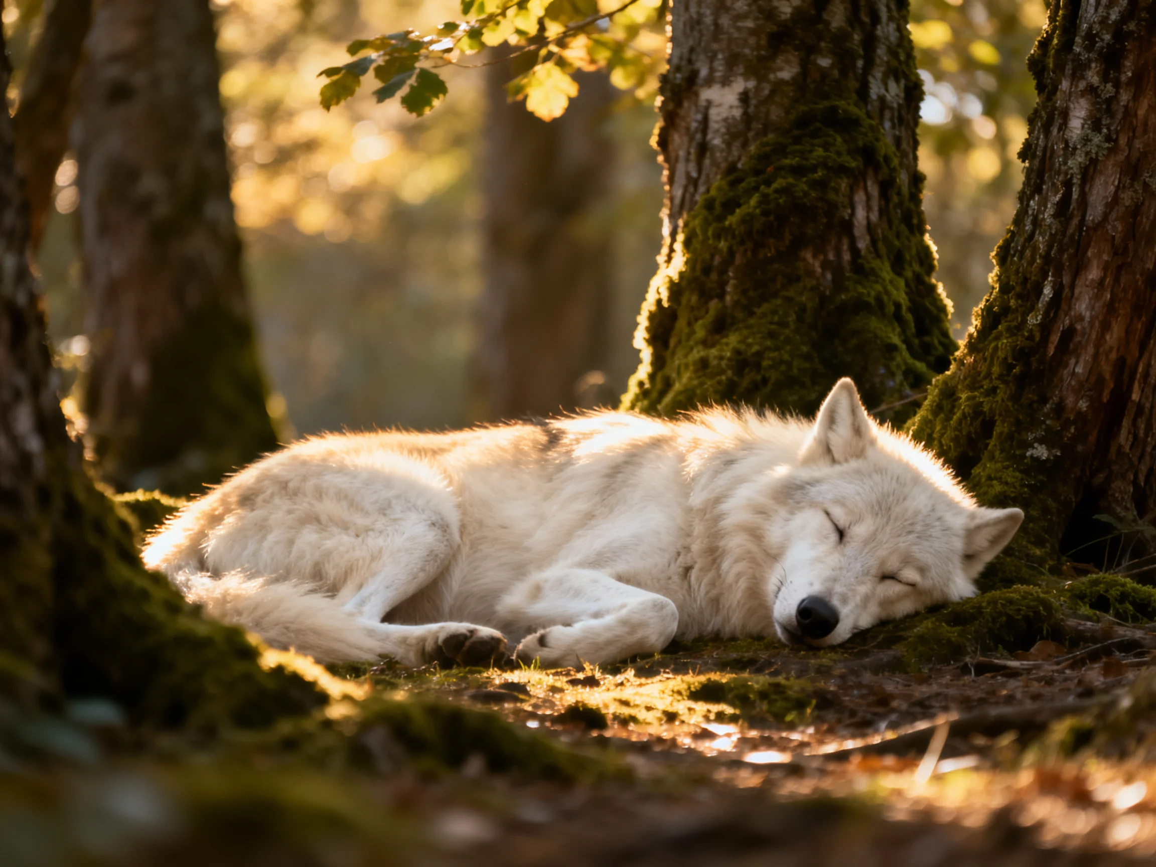 A white wolf rests amid moss-covered trees in golden sunlight