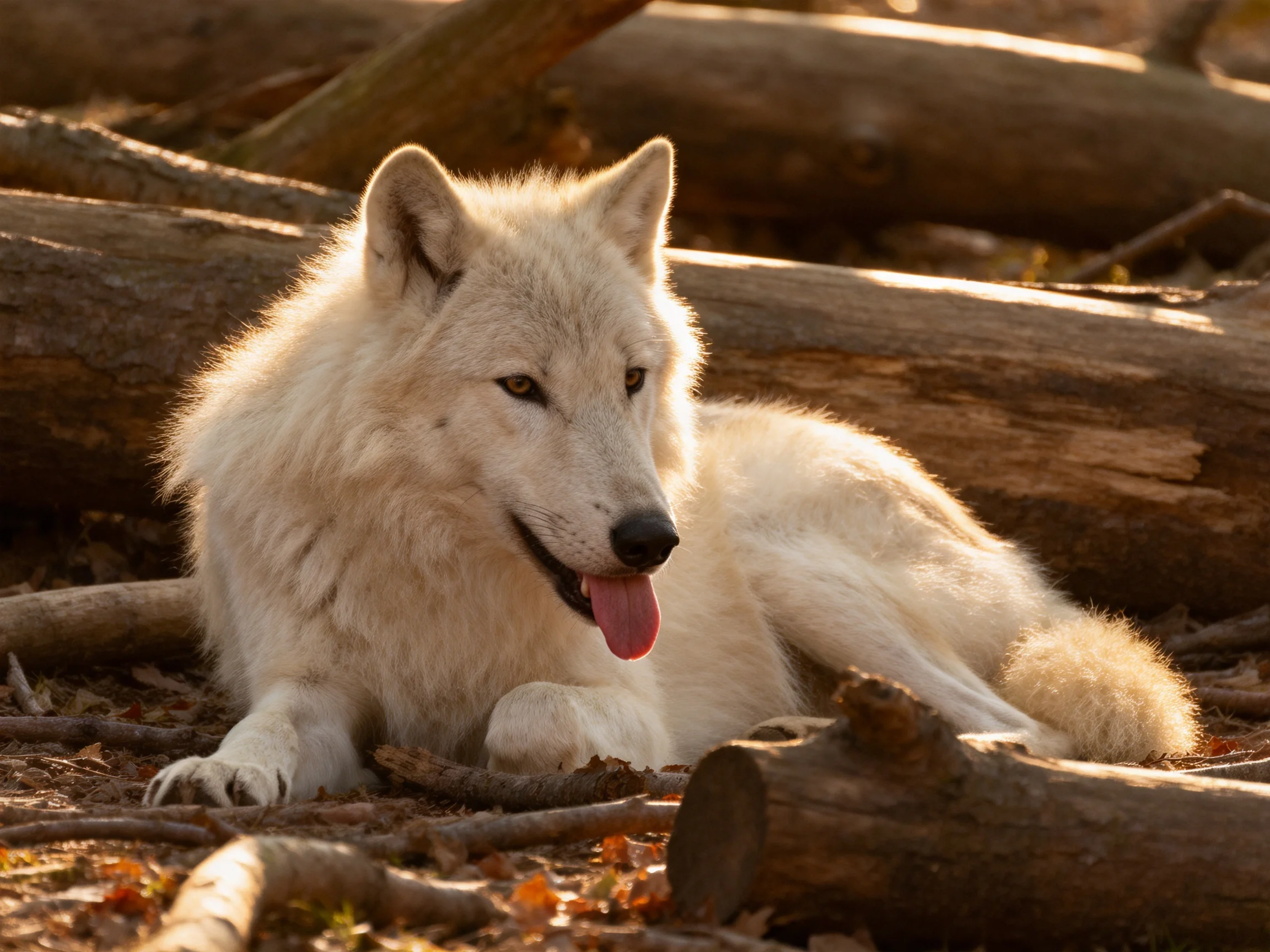A white wolf relaxes among scattered logs in a sunlit area.