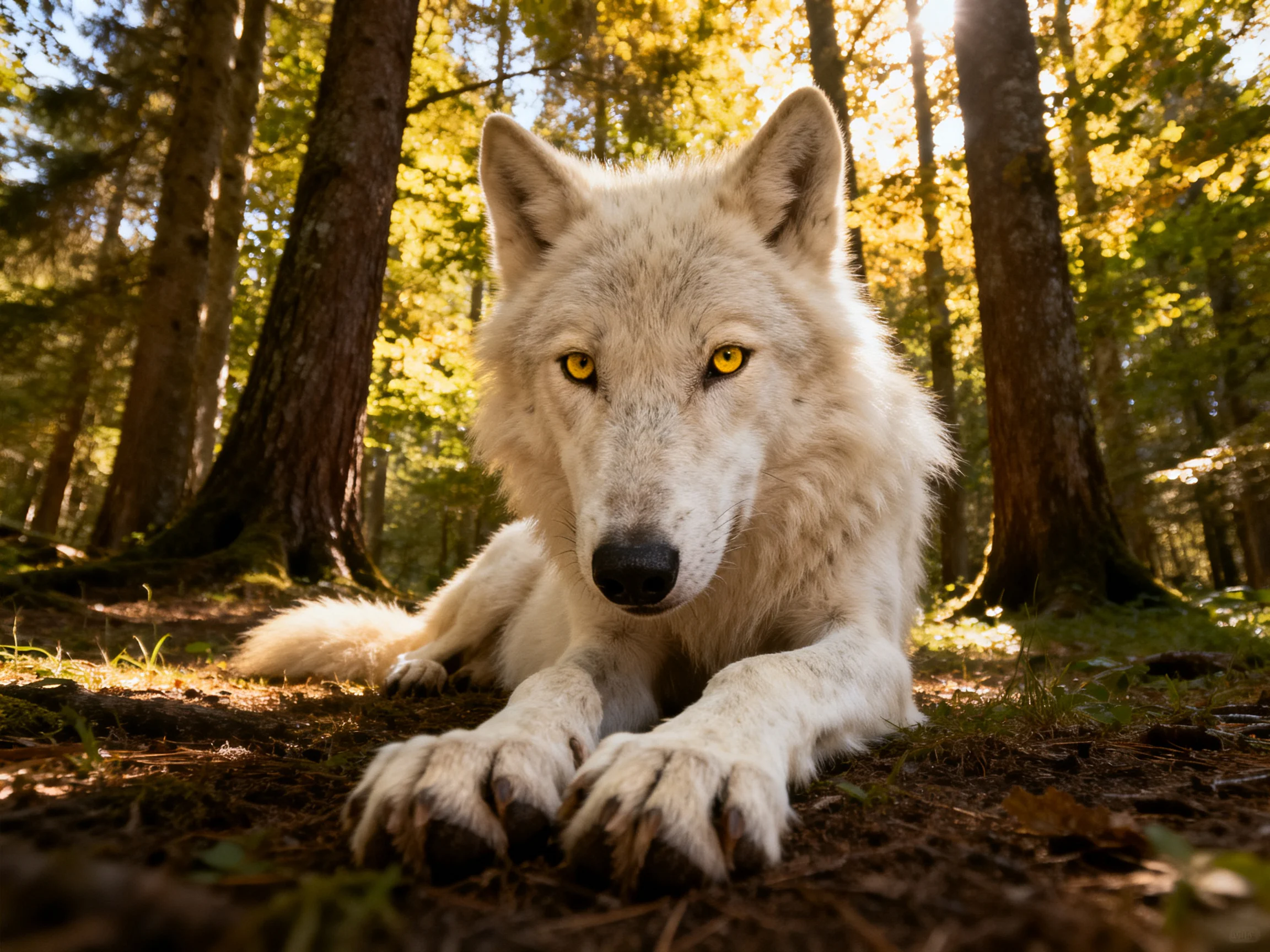 A white wolf rests in a sunlit forest.