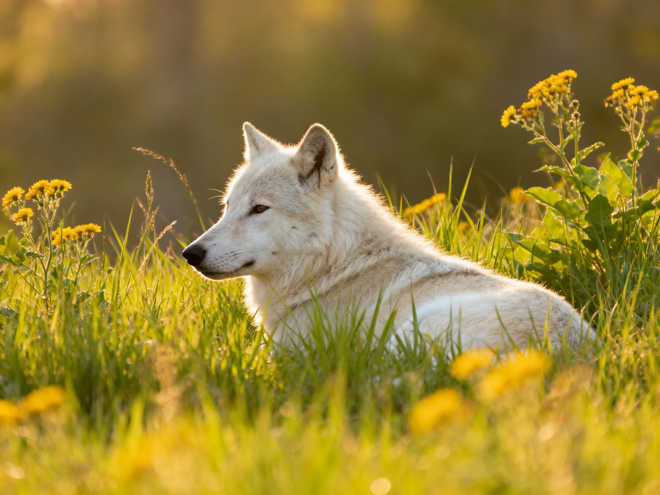 A white wolf lies among tall grass and yellow wildflowers in a sunlit meadow.