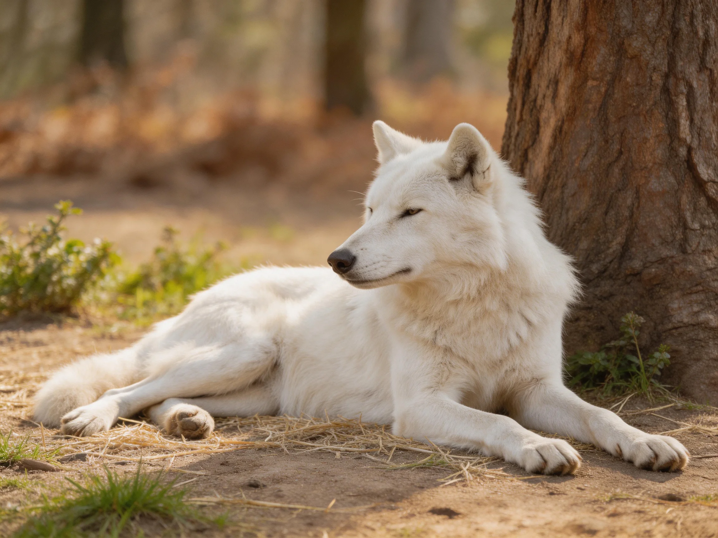 A white wolf rests by a tree trunk in a sunlit forest setting.