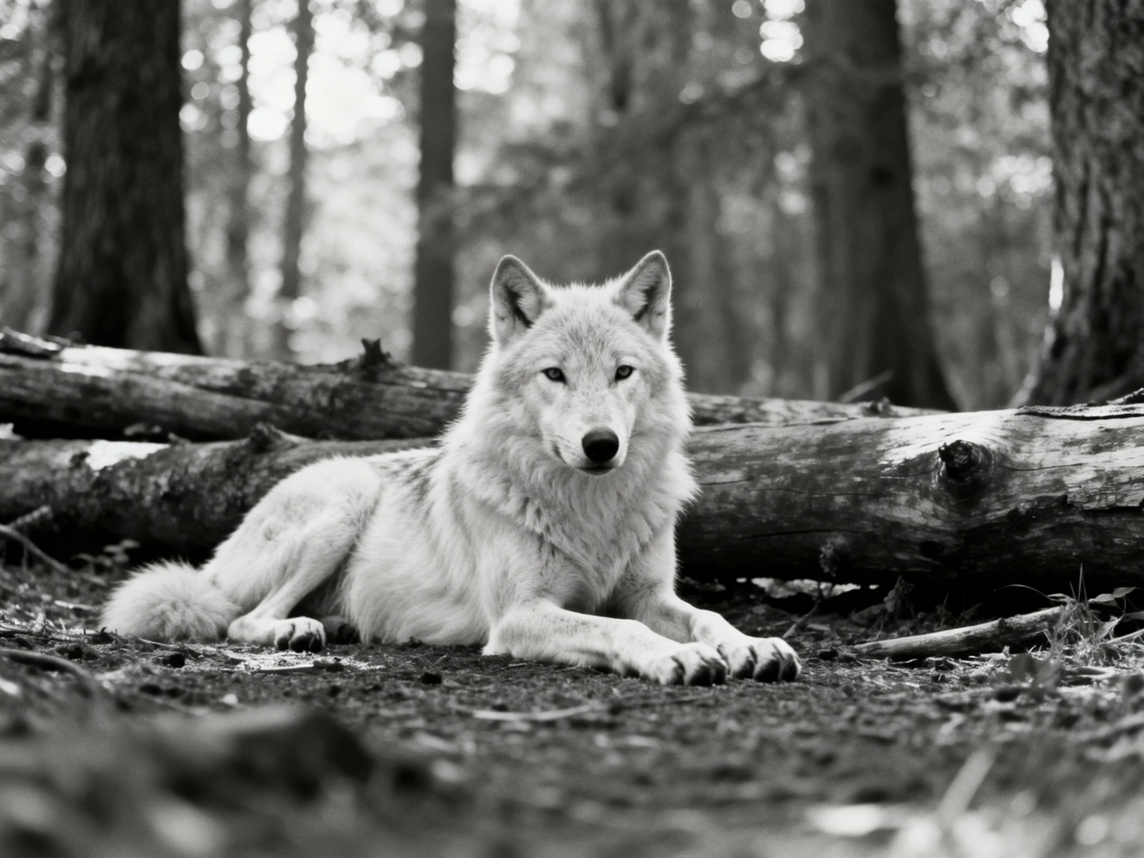 A white wolf rests near fallen logs in a forest