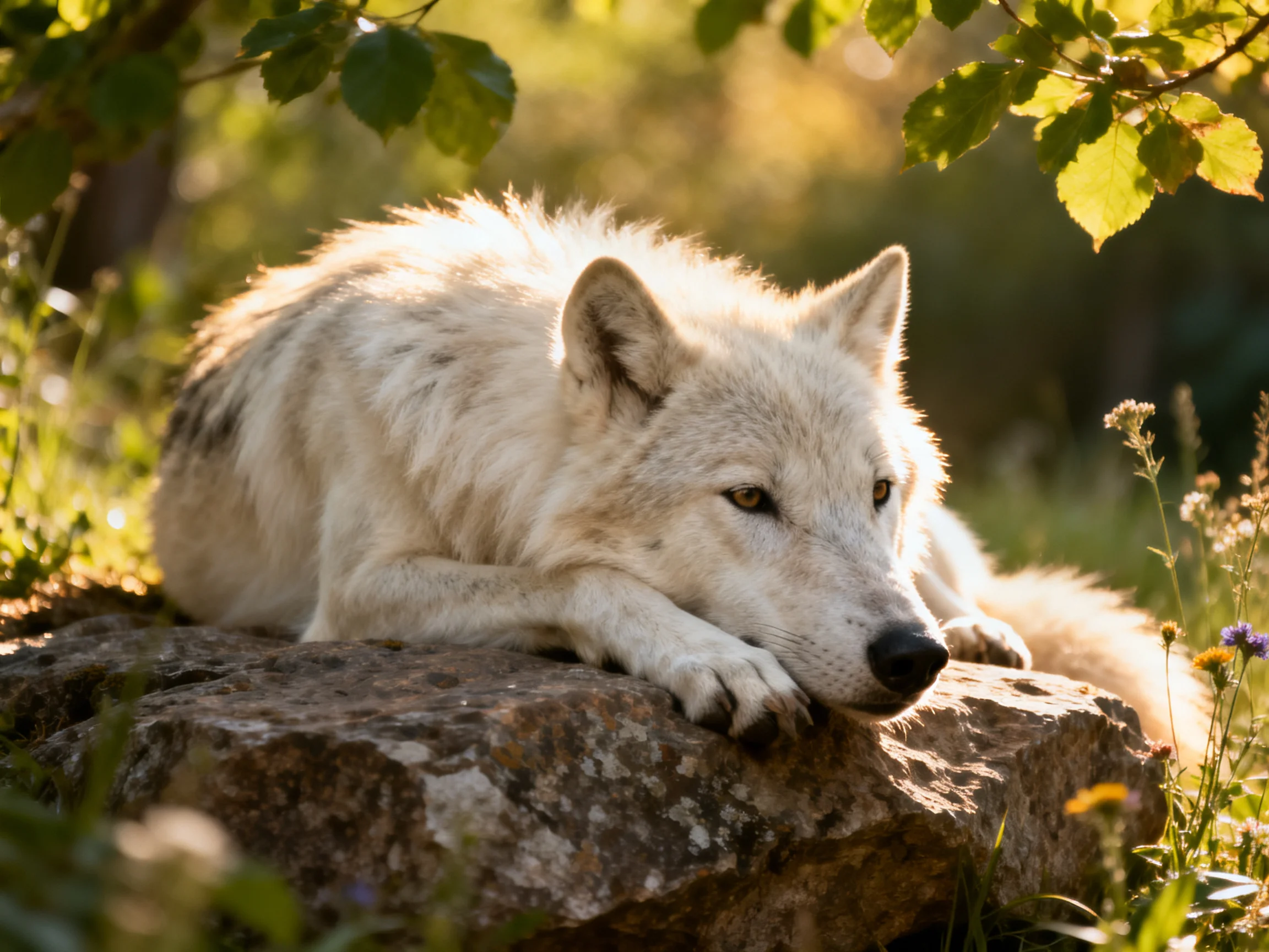 A white wolf lies on a rock in a sunlit natural environment.