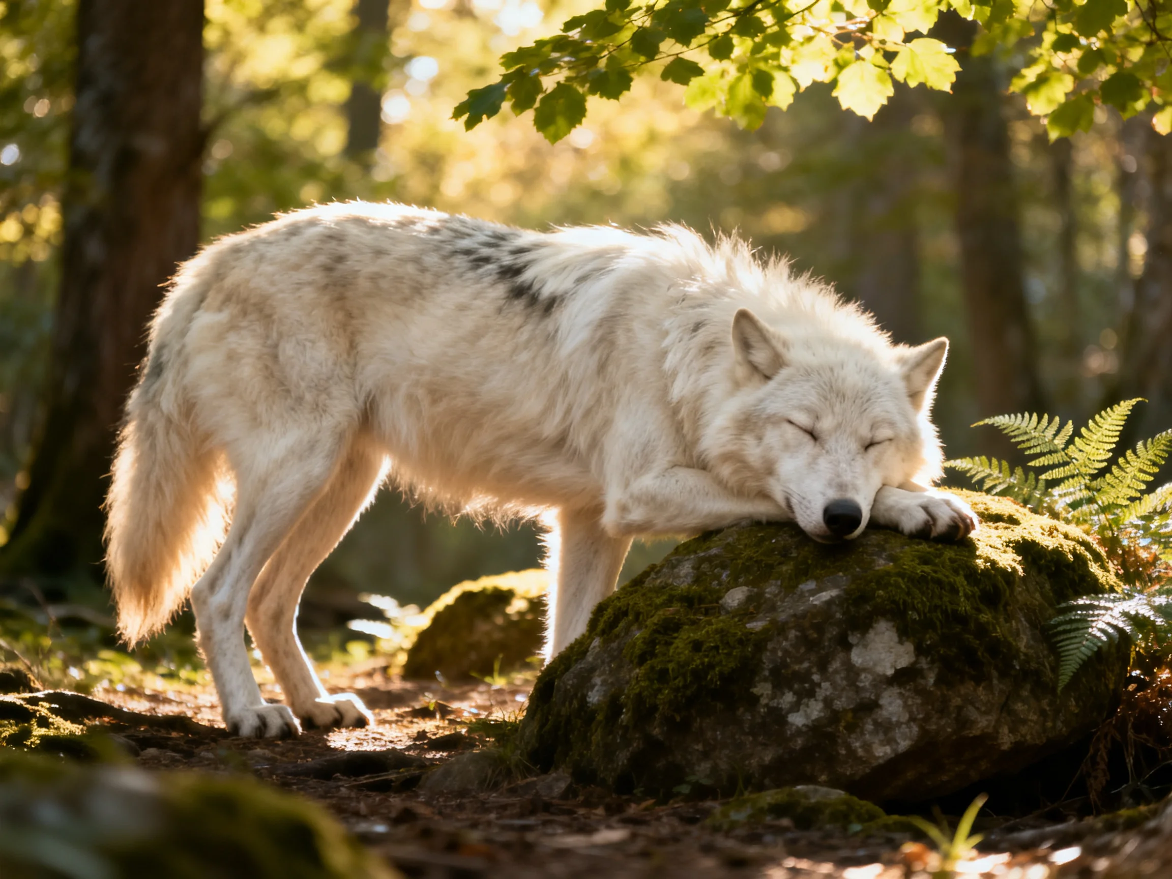 A white wolf rests on a moss-covered rock in a sun-dappled forest