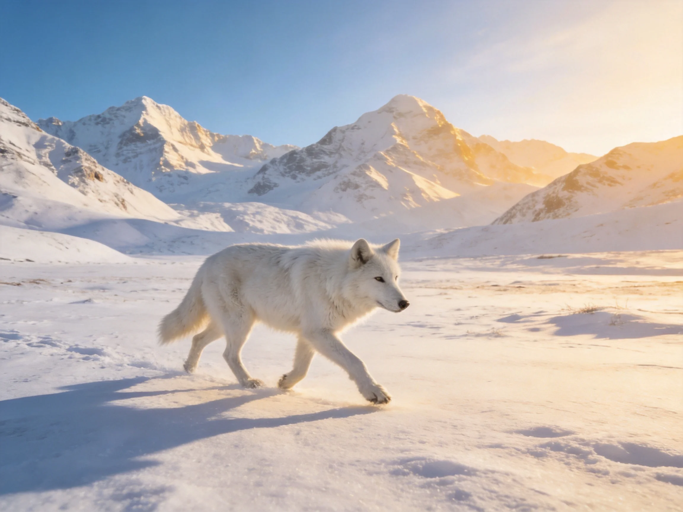 A white wolf roams a snowy mountainous winter landscape