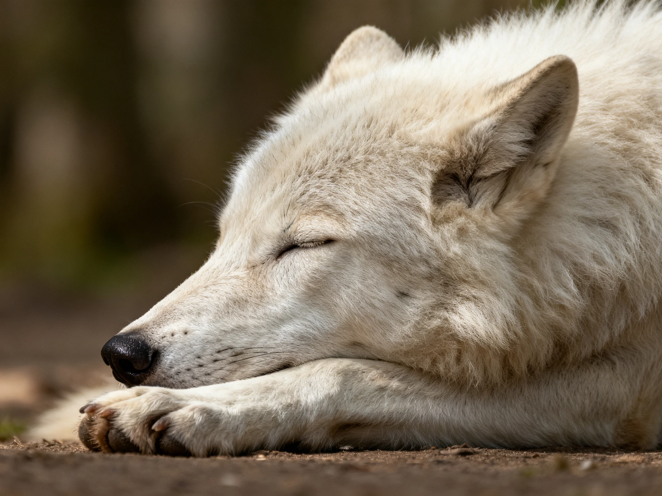 A white wolf sleeps serenely with eyes closed on earthy ground