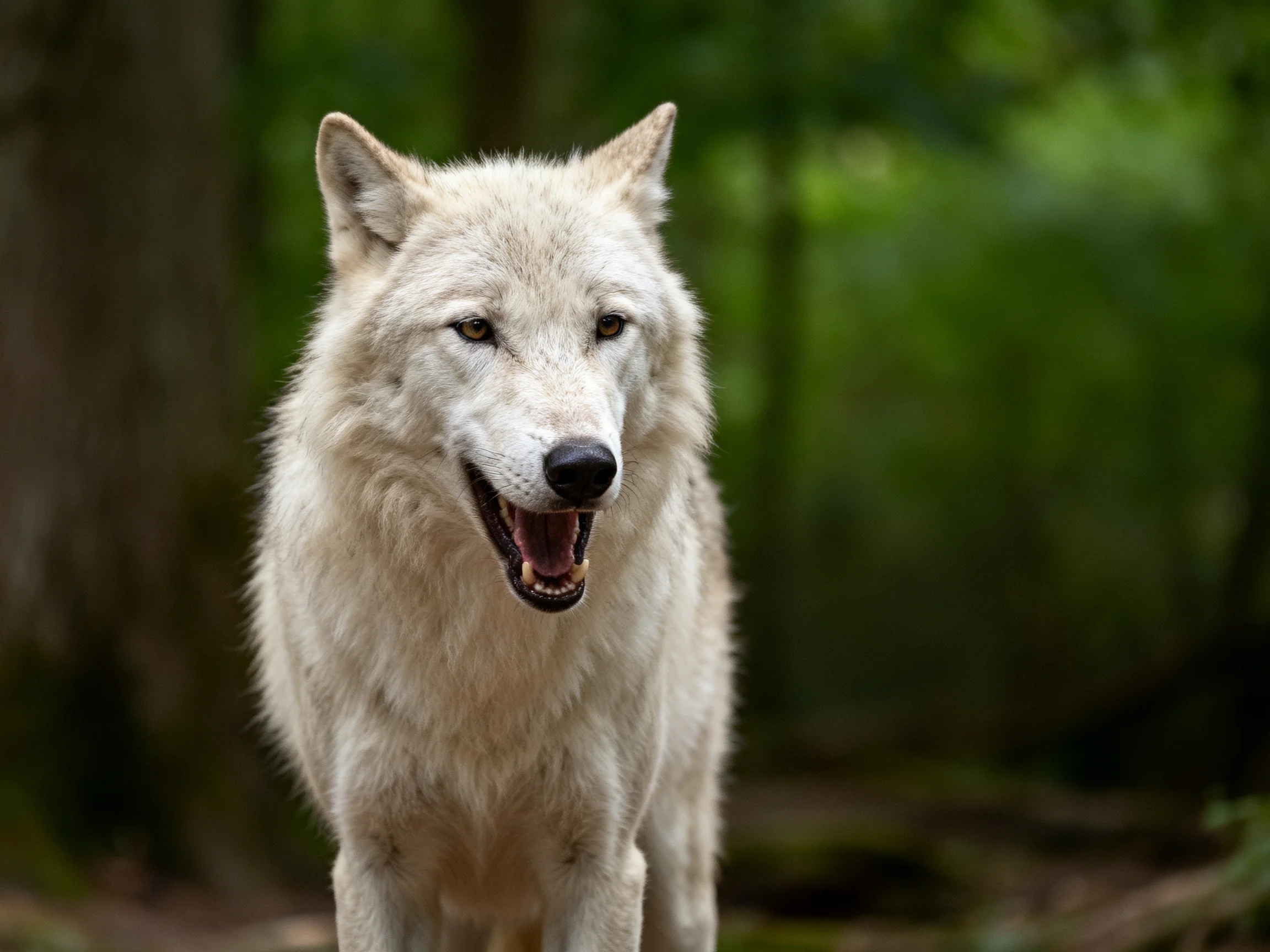 A white wolf stands alert in a sun with green surroundings.