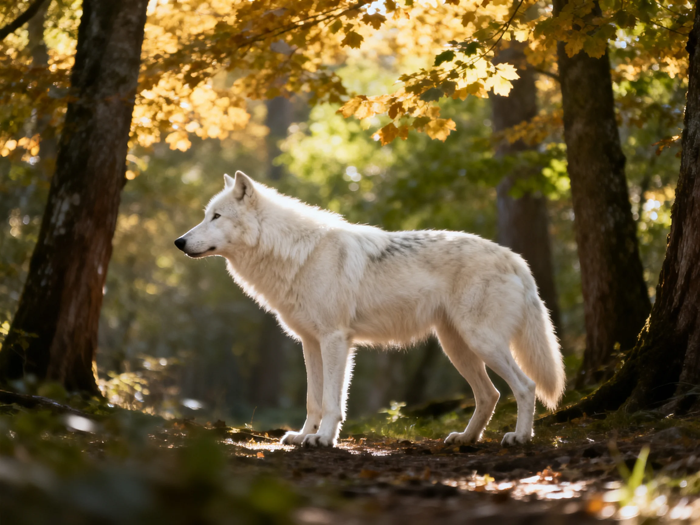 A white wolf stands amidst golden-hued autumn trees in a sun-dappled forest