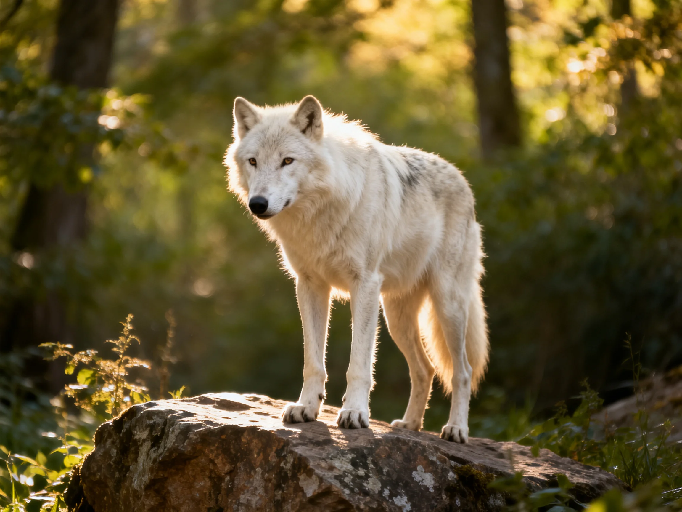 A white wolf stands atop a moss-covered rock in a sunlit forest
