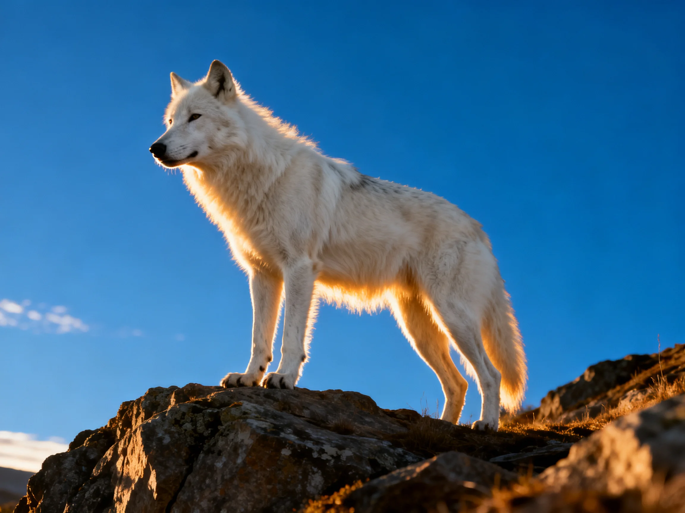 A white wolf stands on a rocky outcrop beneath a clear blue sky