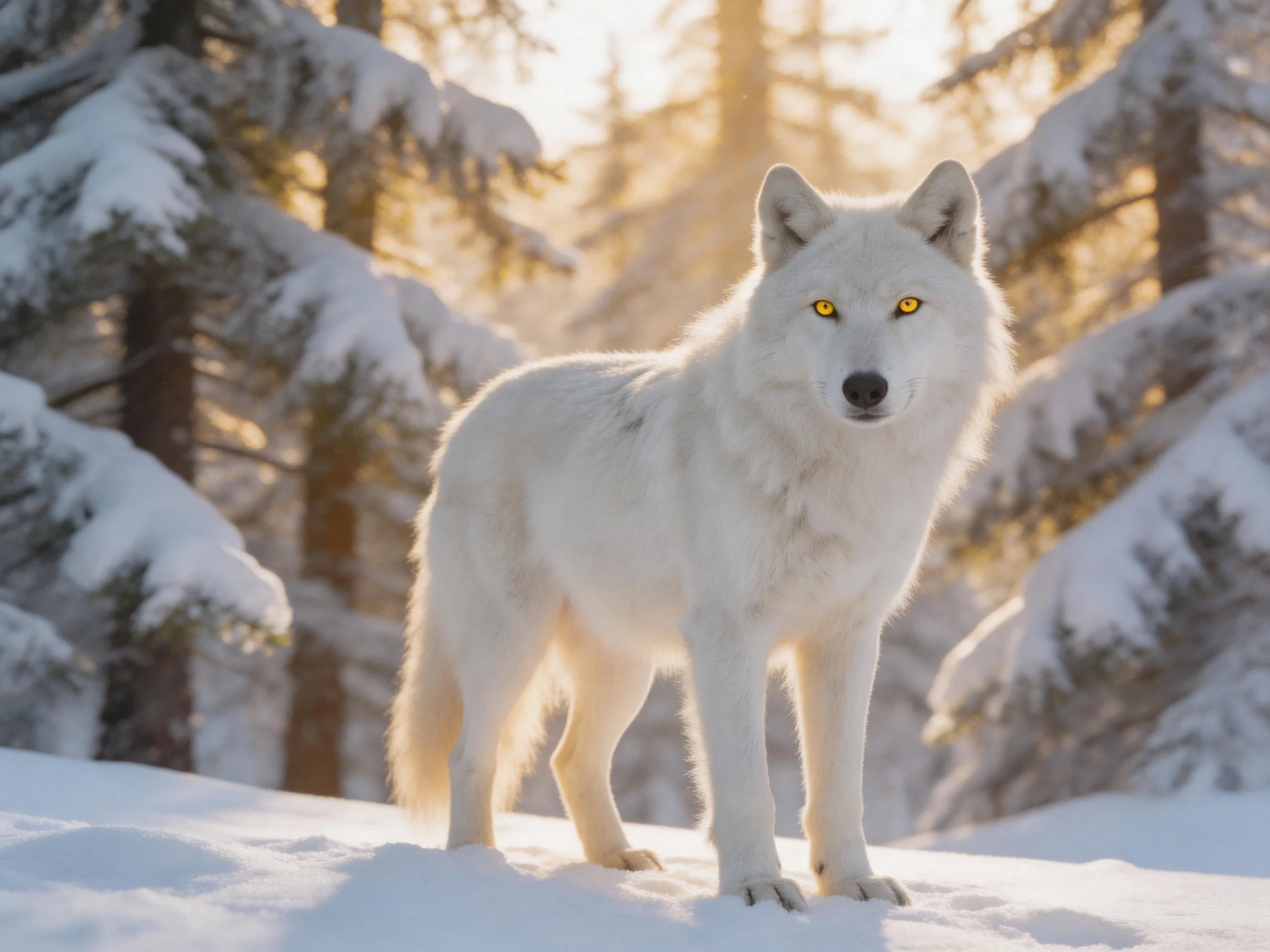 A white wolf stands in a snow-covered forest during golden hour.