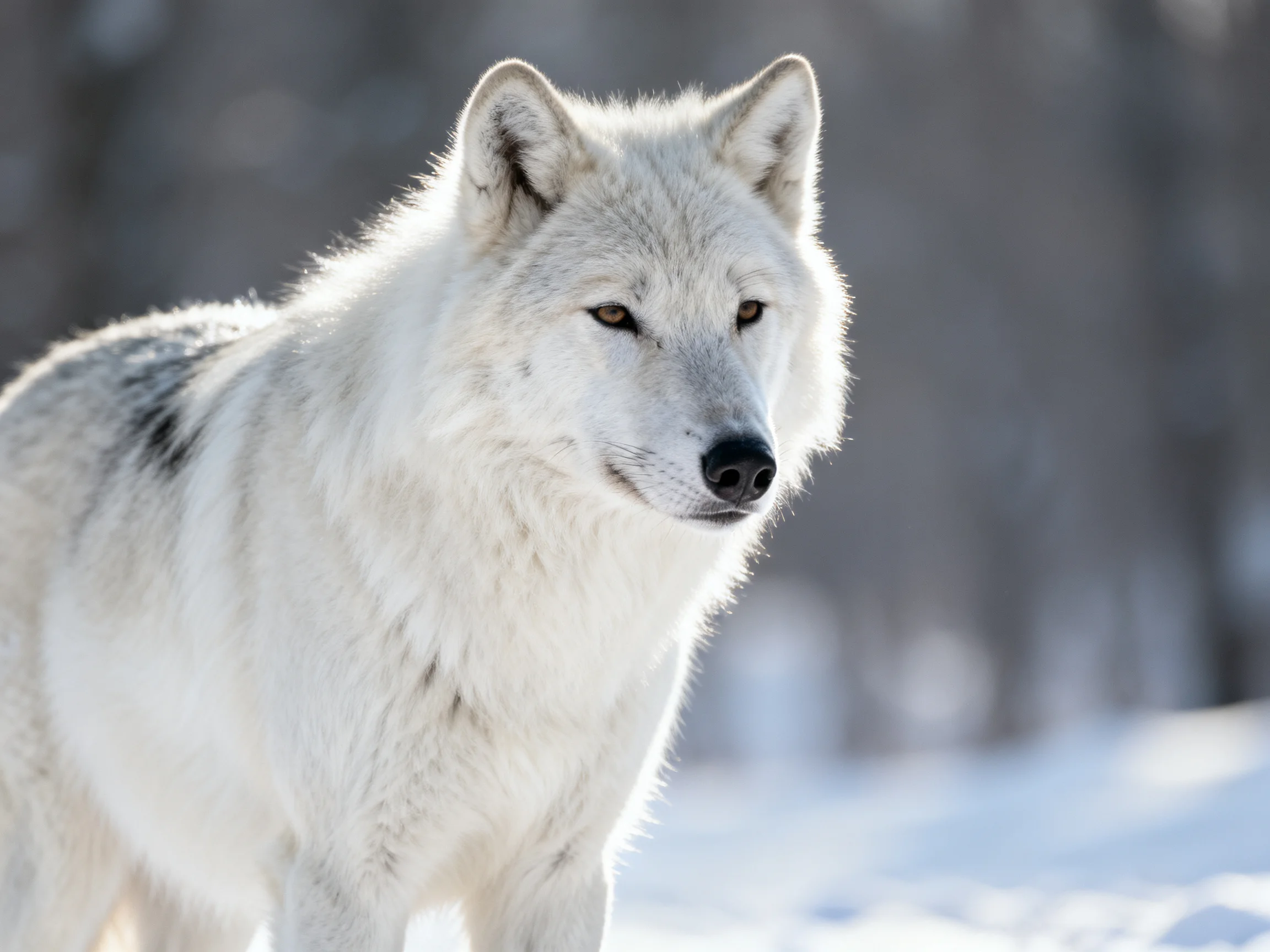 A white wolf gazes attentively in a blurred, wintry outdoor scene.