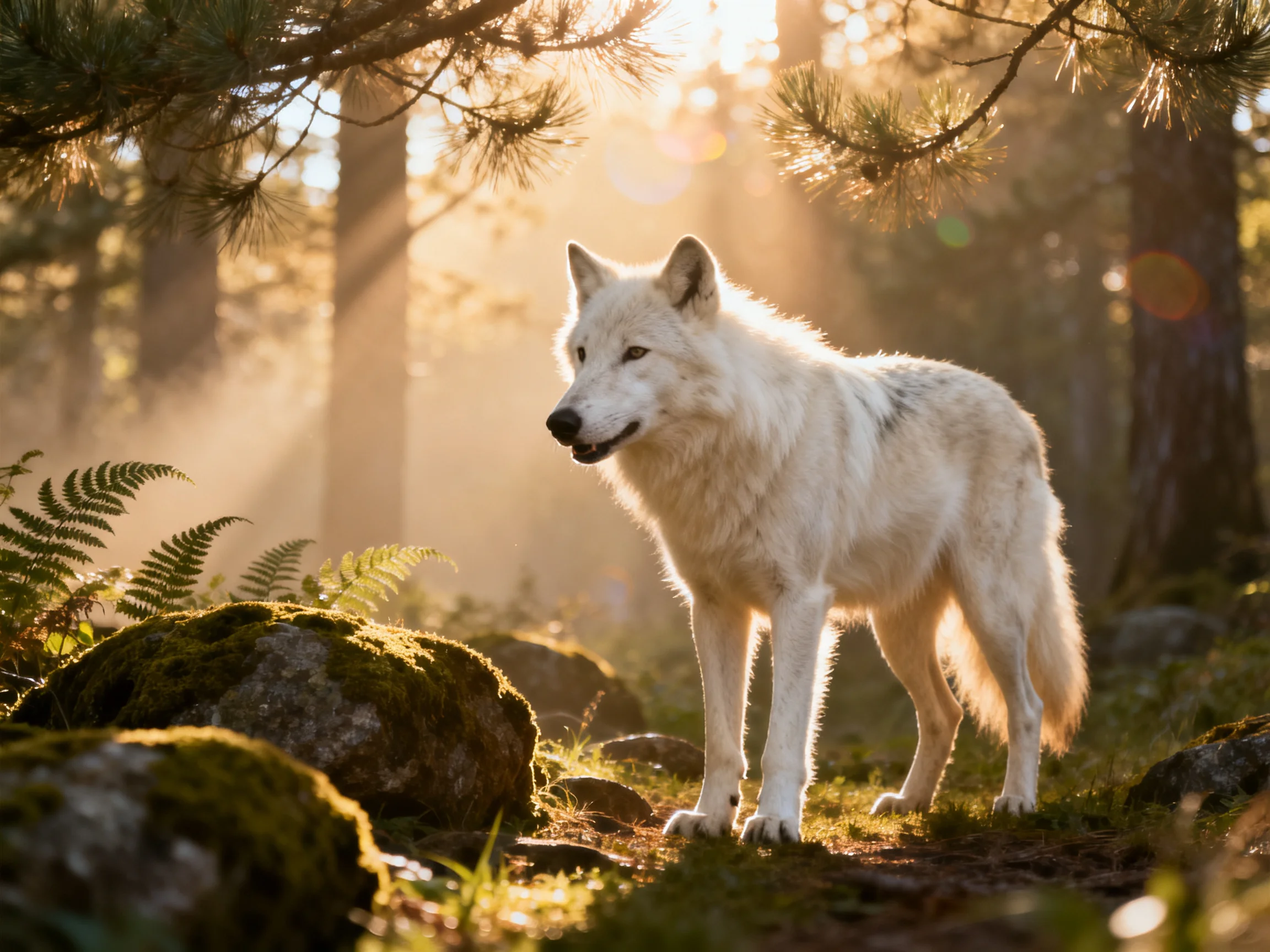 A white wolf stands in a sunlit forest near mossy rocks and ferns.