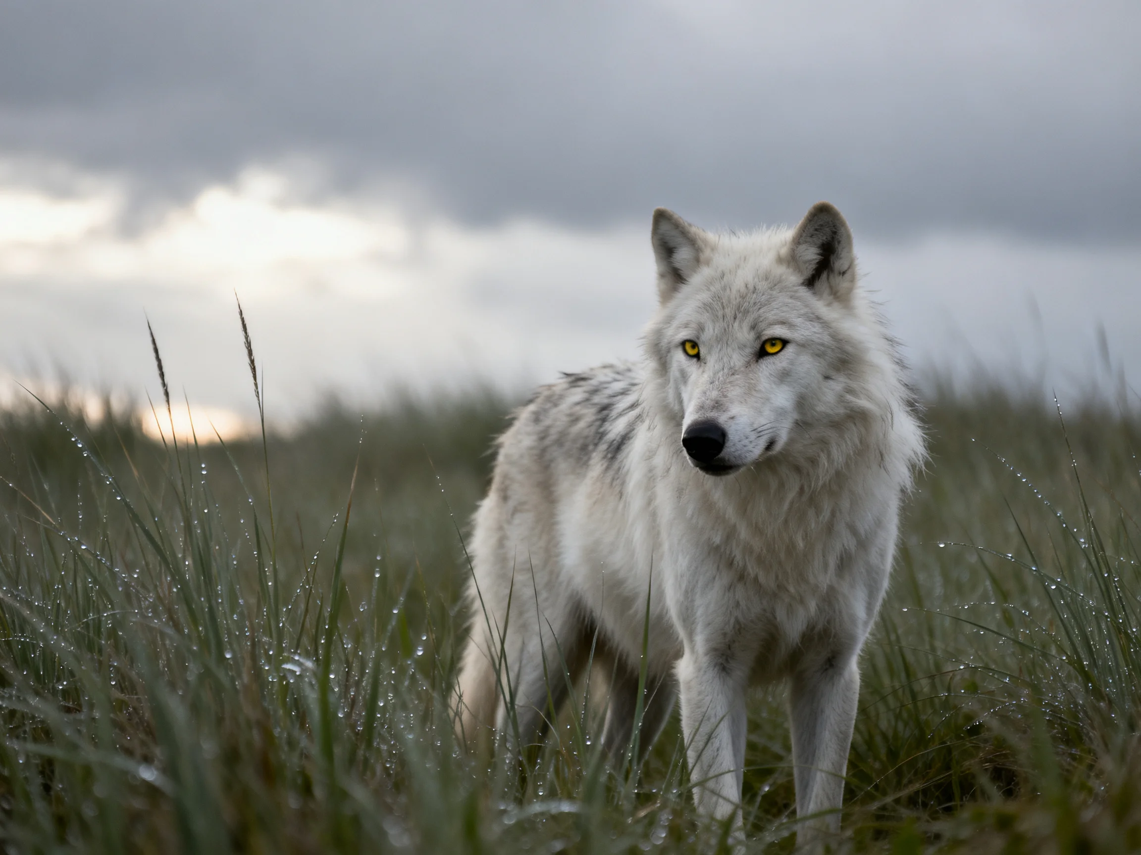A white wolf stands in dewy tall grass under a cloudy sky