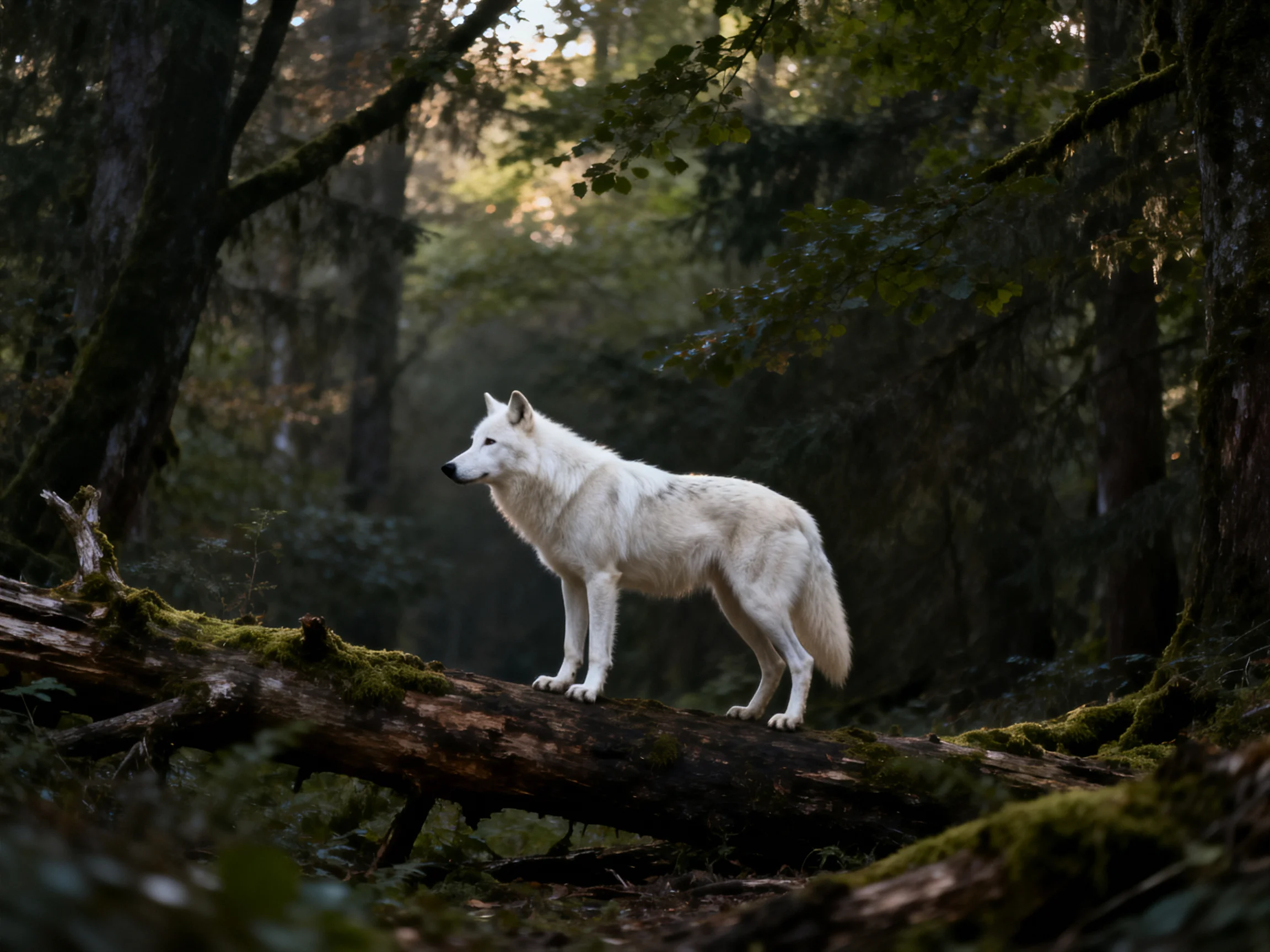 A white wolf stands on a mossy log in a shadowy forest.