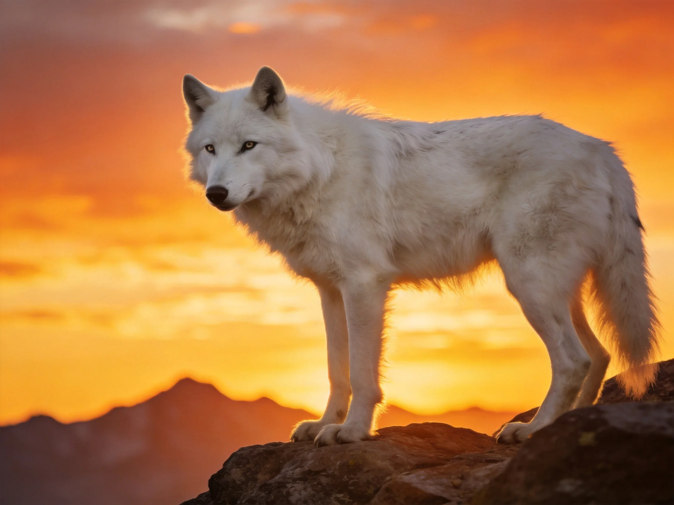 A white wolf stands on a rocky outcrop beneath a fiery orange sunset