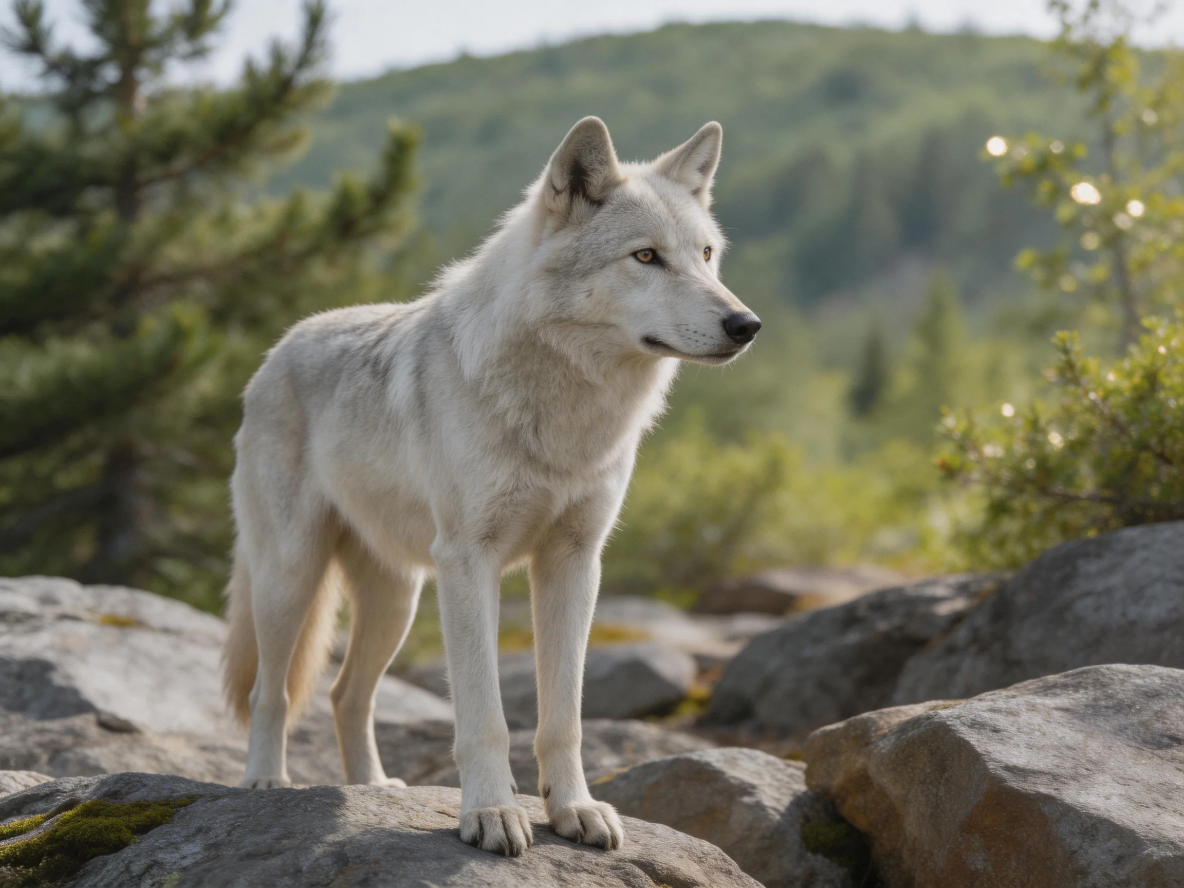 A white wolf stands on rocks surrounded by trees and greenery in nature.