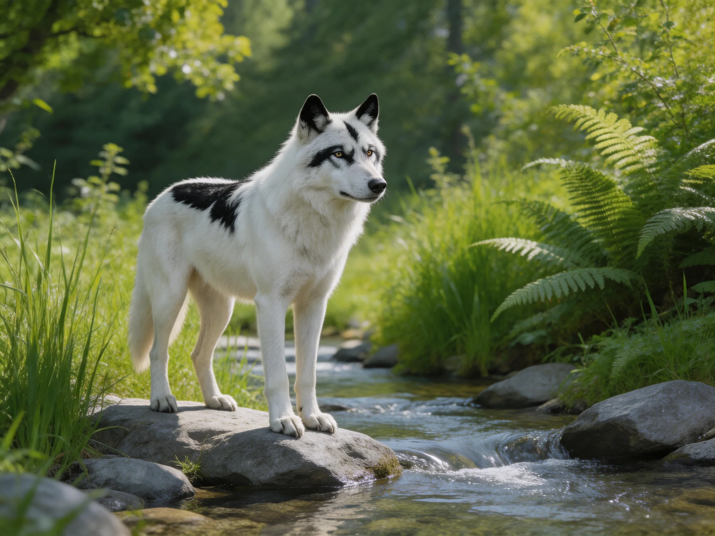 A white wolf with black markings stands on a rock by a clear stream