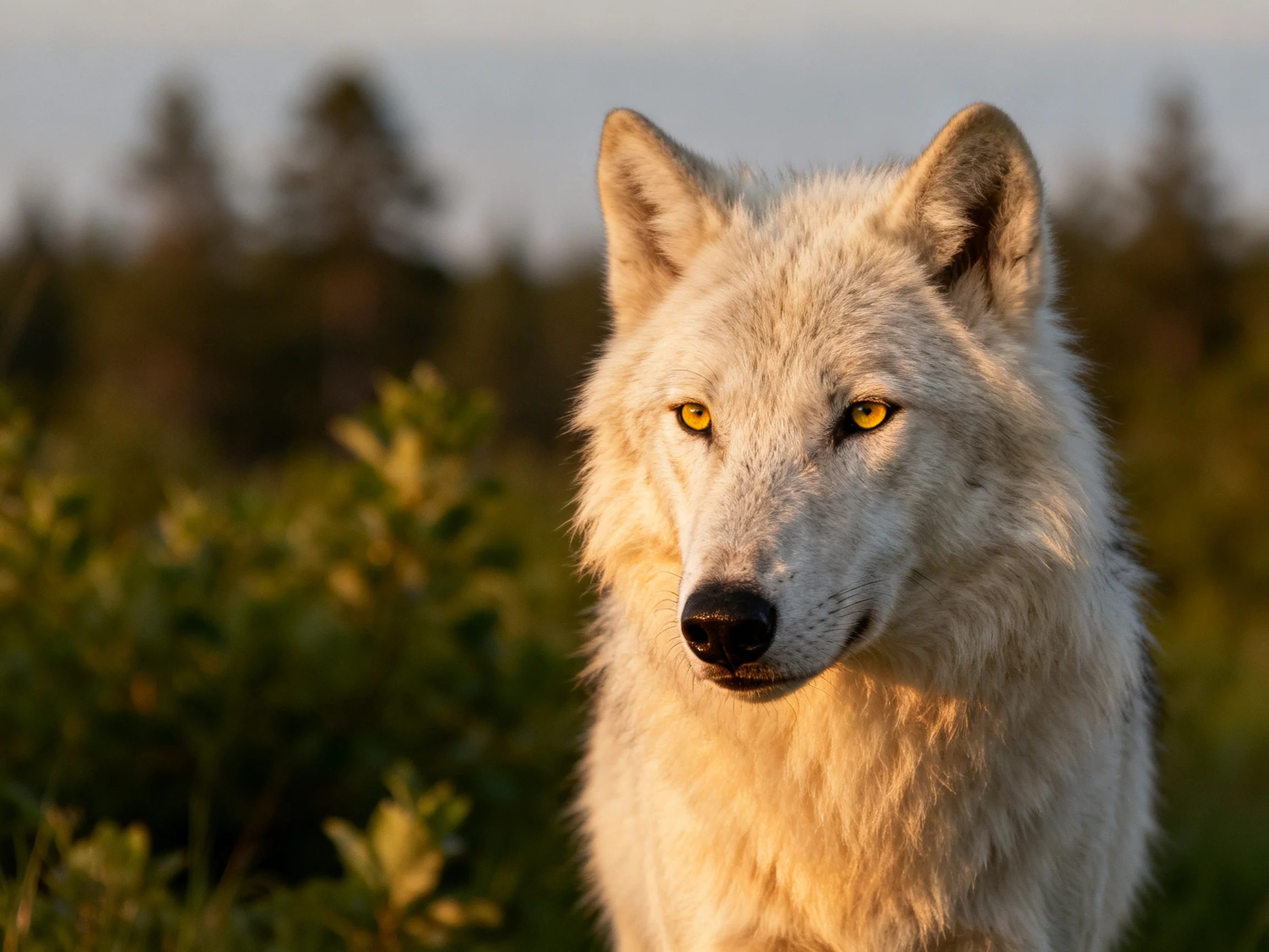 A white wolf with golden eyes in a sunlit forest clearing