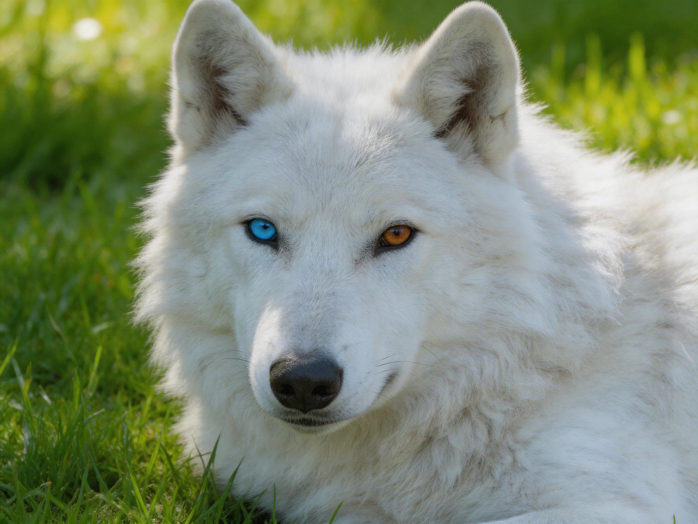 A white wolf with differently colored eyes lies on green grass.