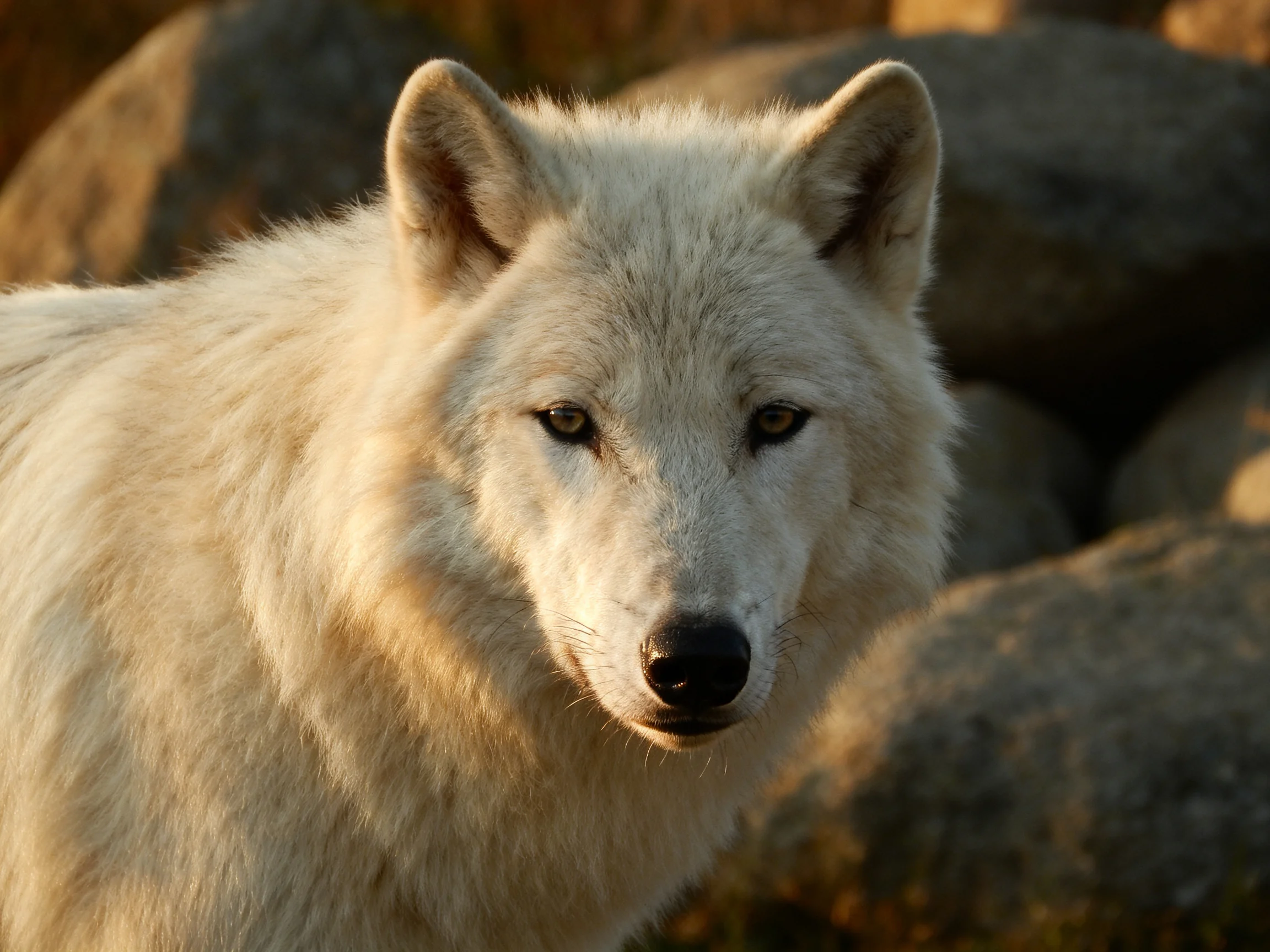 A white wolf stands near large rocks in a warmly lit environment.