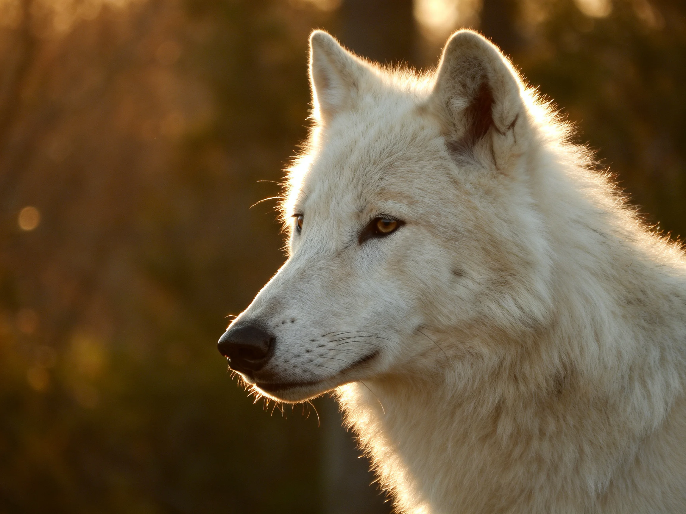 A white wolf’s profile lit by golden sunlight