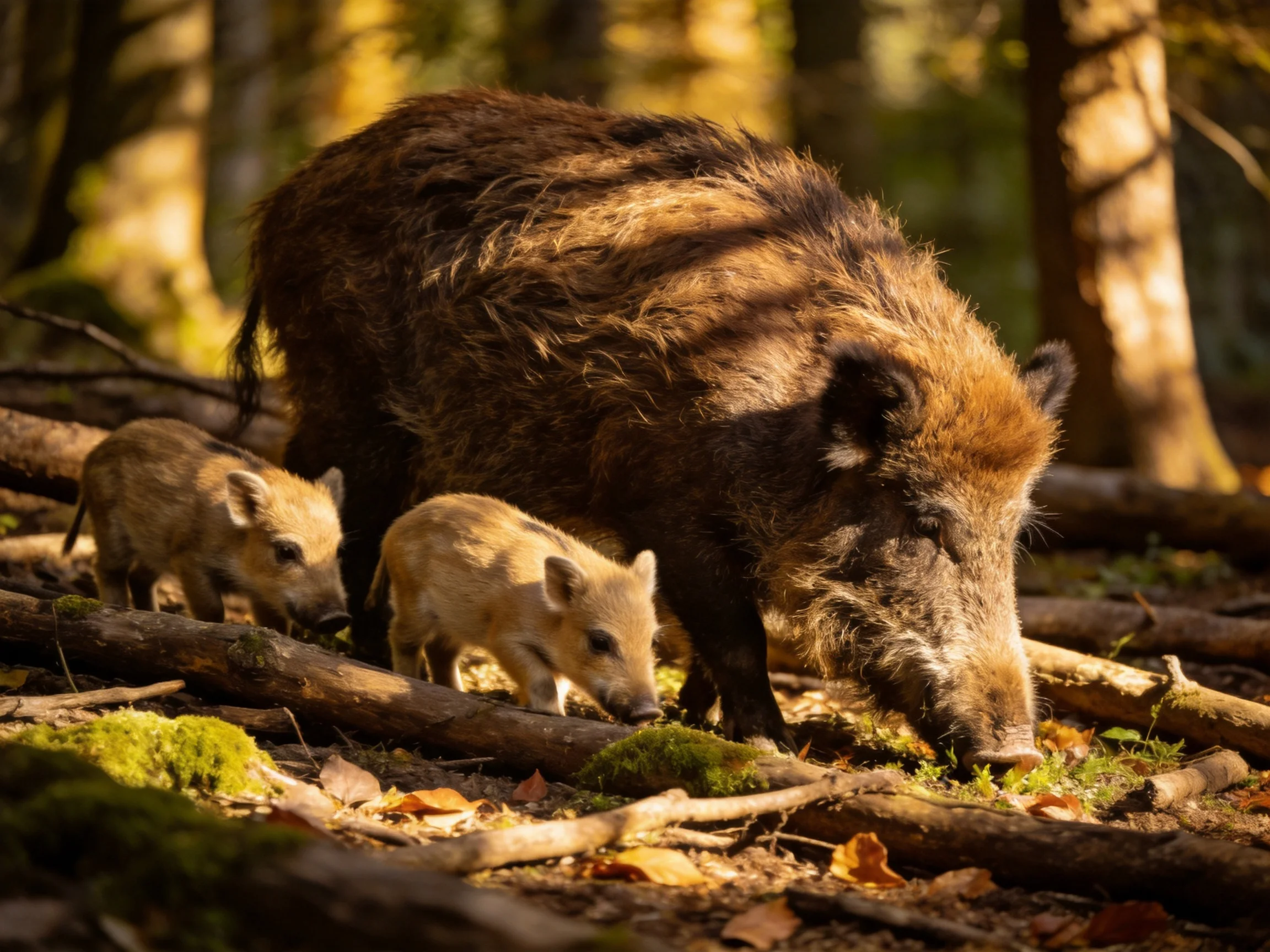 A wild boar and two piglets forage in a sun-dappled forest