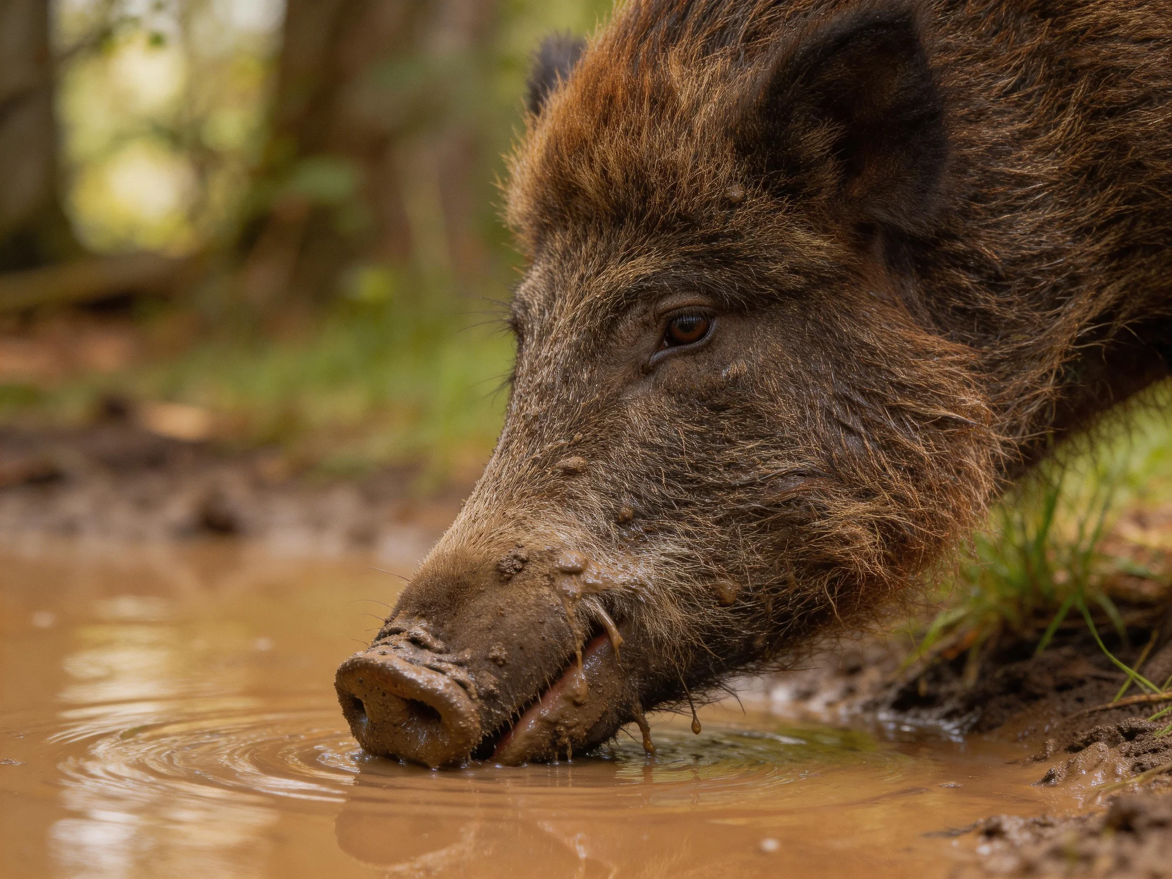 A wild boar drinks from muddy water in a wooded area.